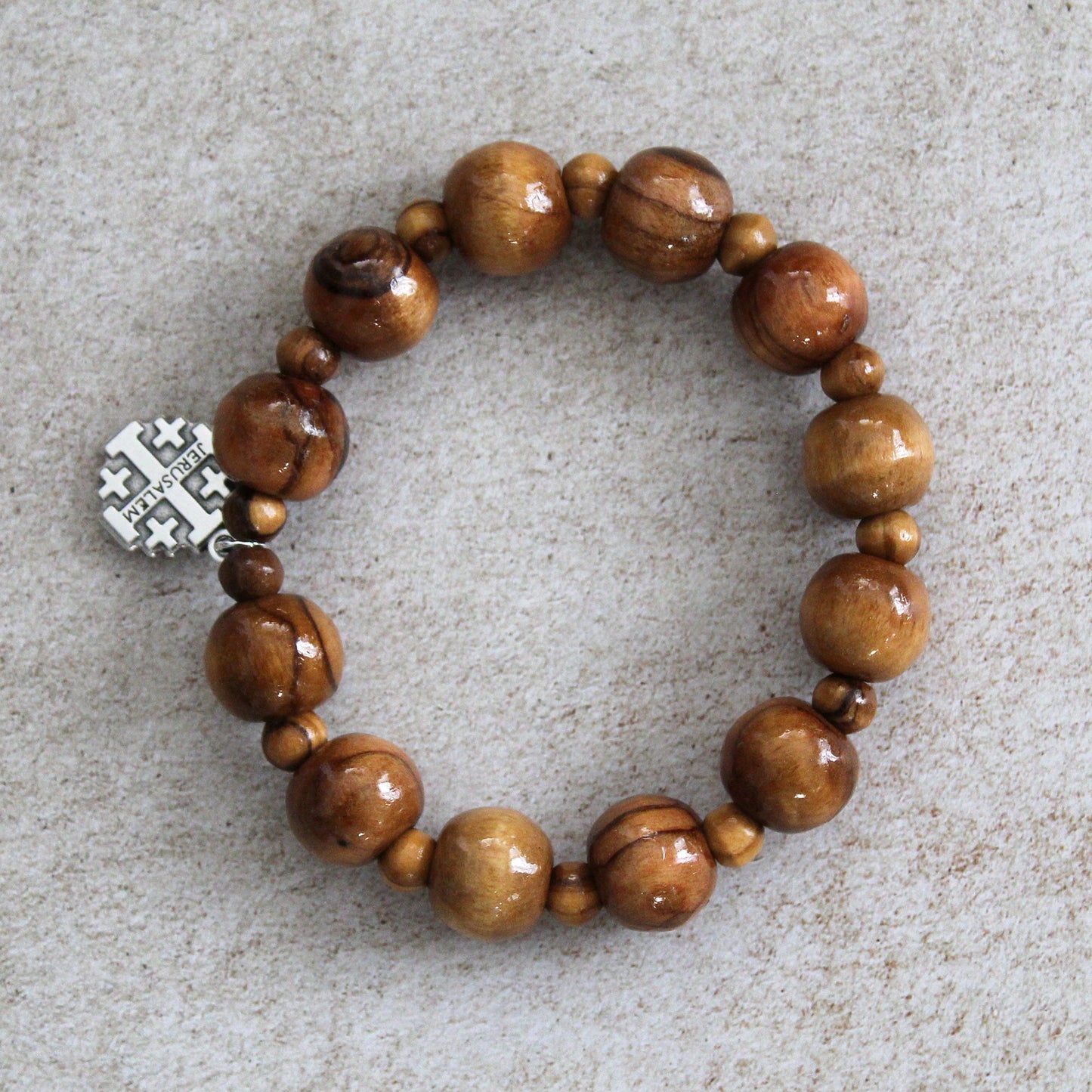 Get Two Handmade Olive Wood Round Beads Bracelet and Jerusalem cross icon From the Holy Land, Luck & Safekeeping Spiritual Gift