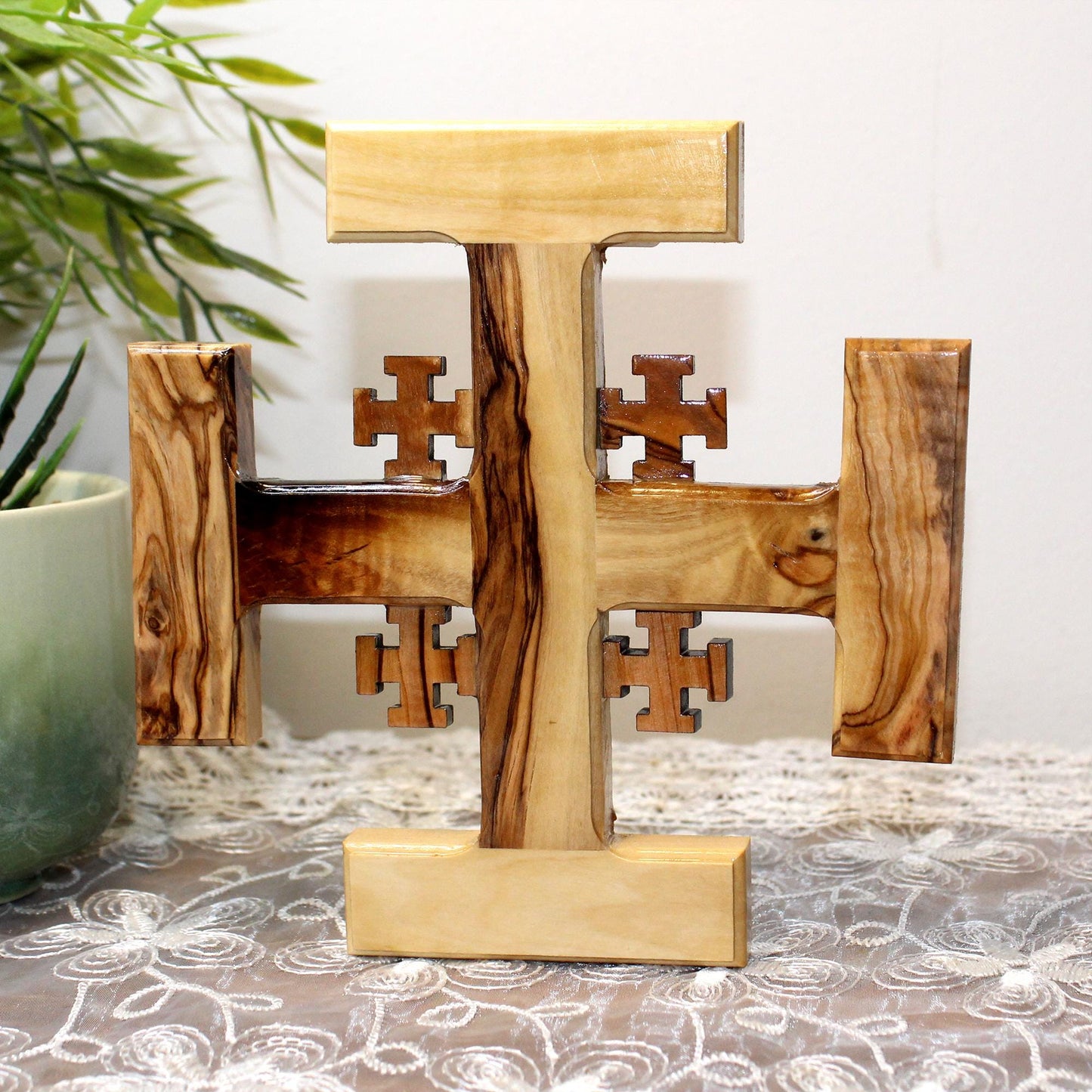 6.5" Olive Wood Jerusalem Cross, Hand Crafted Wooden Cross from holy land Jerusalem, Religious Gift, New Home Gift, And Home Decor