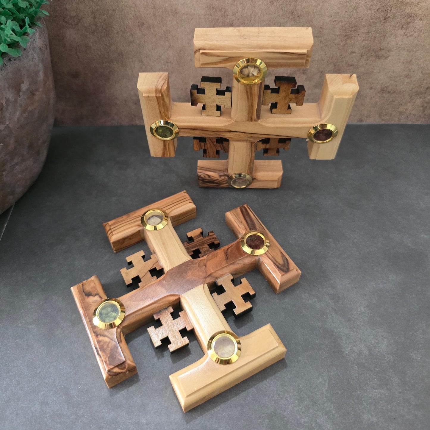A Pair of 4.3" Jerusalem Crosses Made of Olive Wood in Jerusalem The Holy Land, Perfect Wooden Wall Cross for a New Home or fReligious Gift.