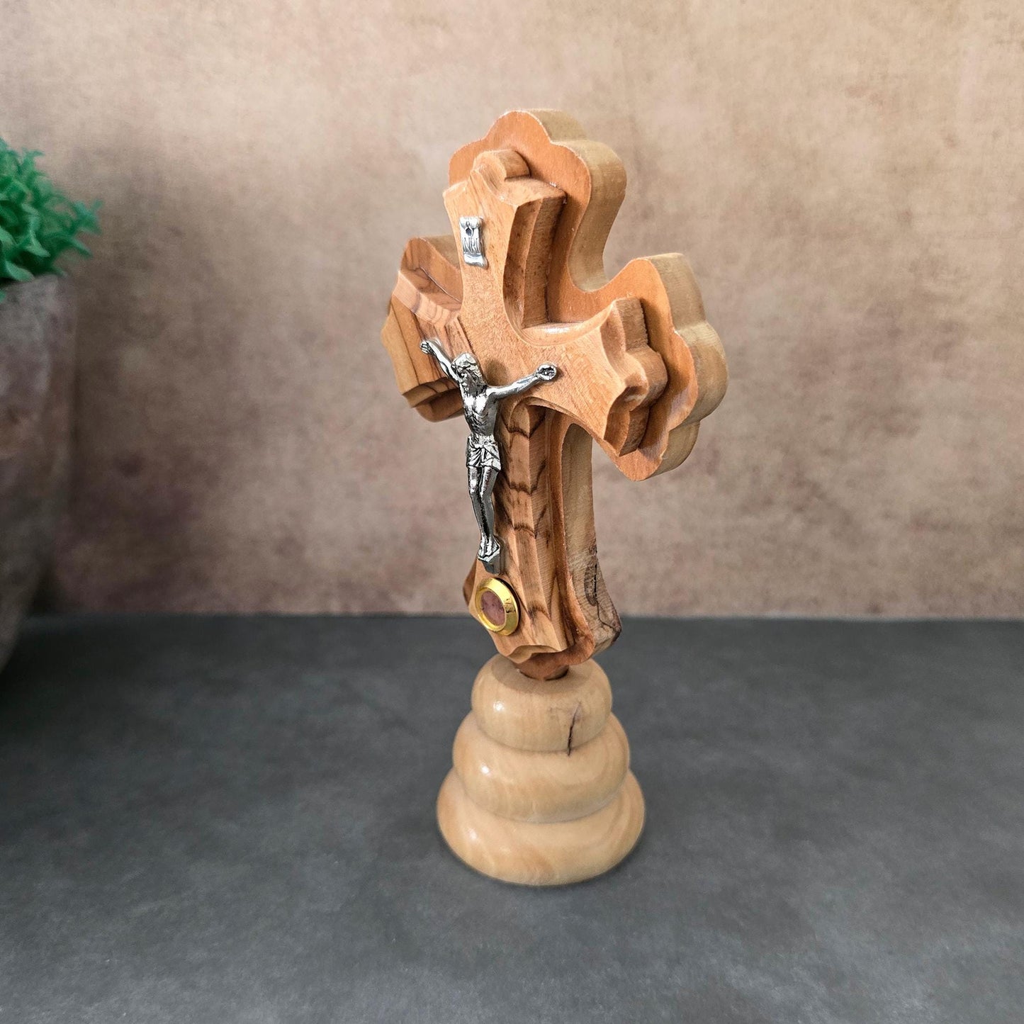 5.5" Standing Olive Wood Tabletop Crucifix of the Holy Land Handmade Table Cross, Catholic Wooden Crucifix, Religious Home Decor