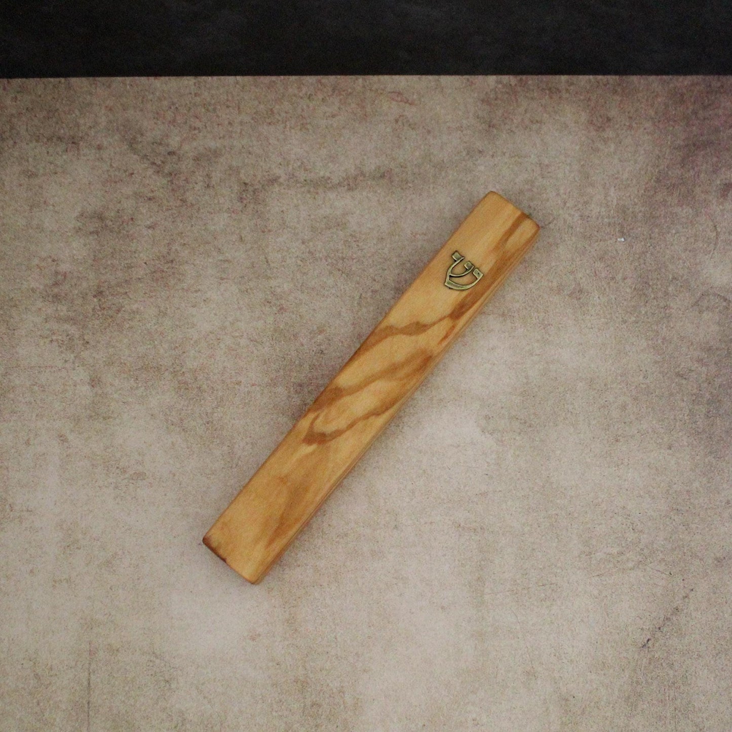 14cm / 5.5" Olive Wood Mezuzah Case from Jerusalem With the Letter "SHIN" in Bronze, Gift for Jewish Housewarming, Scroll Up to 12cm / 4.72"