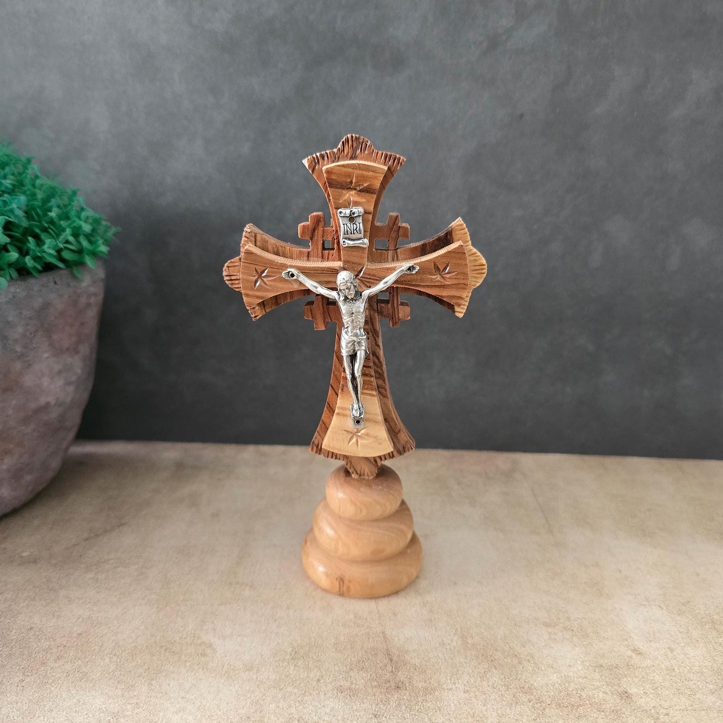 5.9" Standing Olive Wood Tabletop Crucifix of the Holy Land Handmade Table Cross, Catholic Wooden Crucifix, Religious Home Decor
