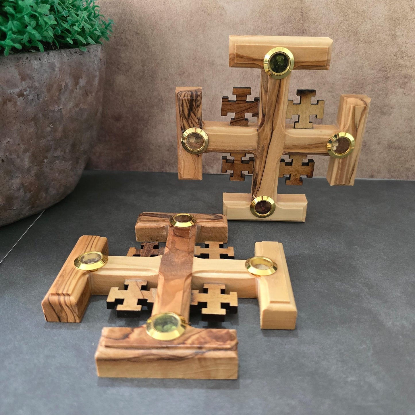 A Pair of 4.3" Jerusalem Crosses Made of Olive Wood in Jerusalem The Holy Land, Perfect Wooden Wall Cross for a New Home or fReligious Gift.