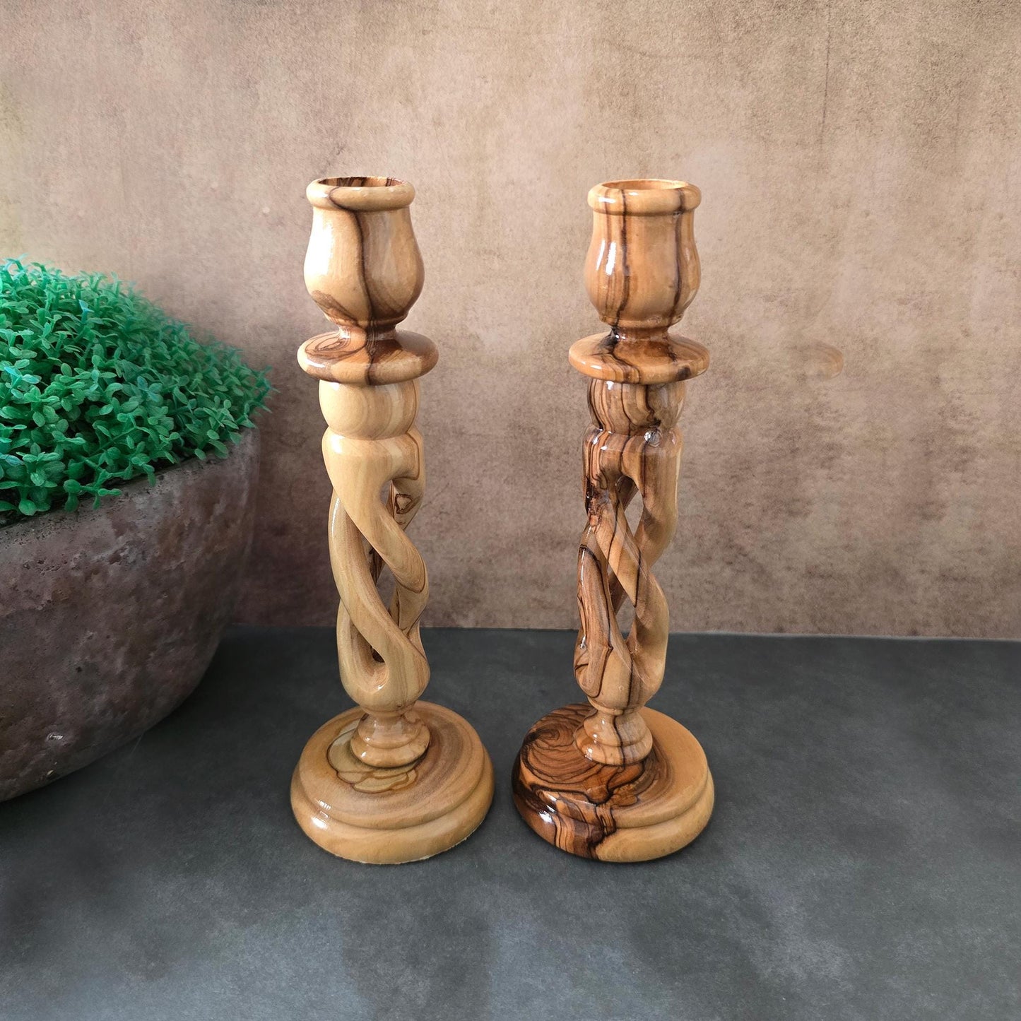A Pair of 7.4" Exquisite Olive Wood Spiral Candle Stands, Handcrafted in Israel - Rustic Wooden Candle Holder, Elegant Candlestick Holder