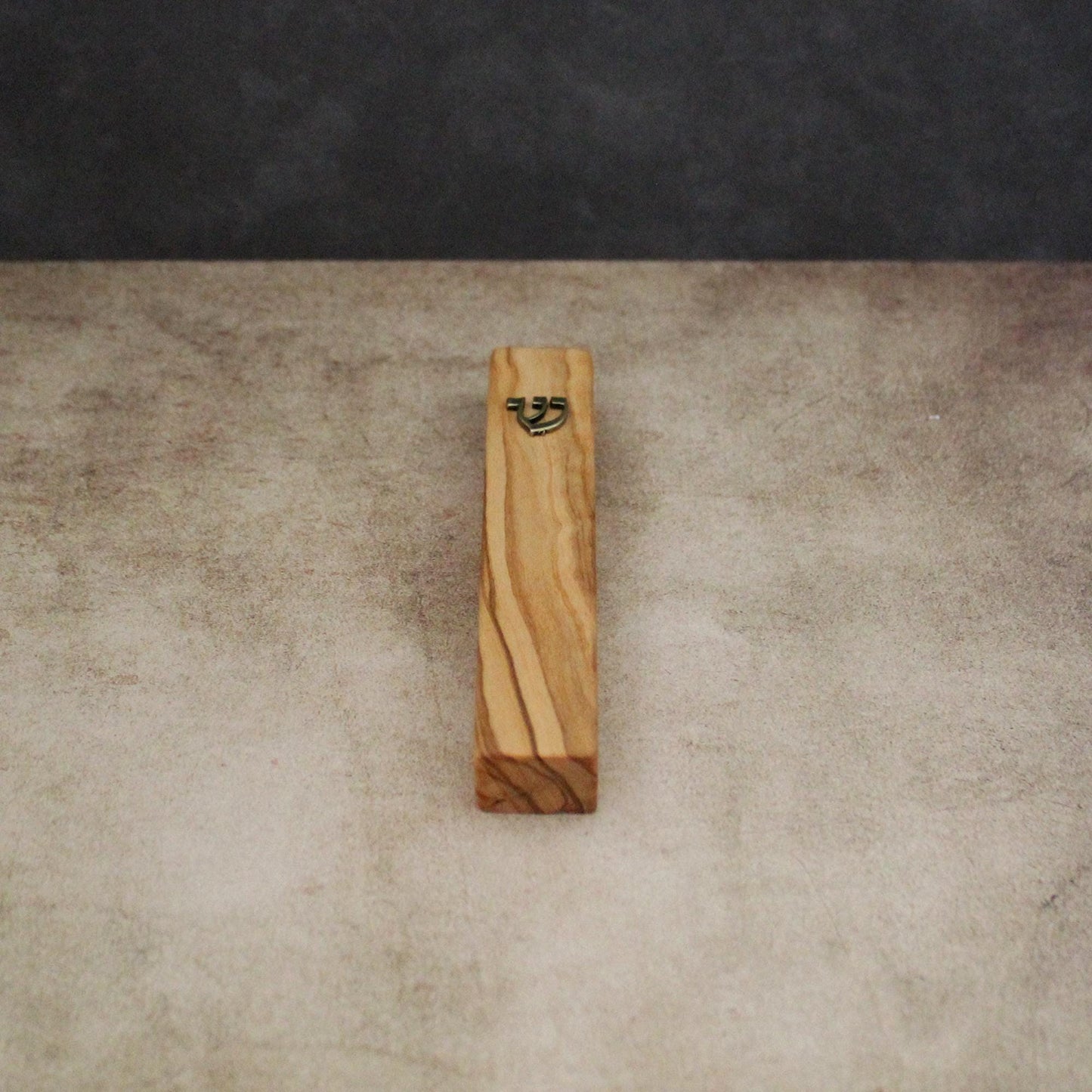 12cm / 4.7" Olive Wood Mezuzah Case from Jerusalem With the Letter "SHIN" in Bronze, Gift for Jewish Housewarming, Scroll Up to 10cm / 3.93"