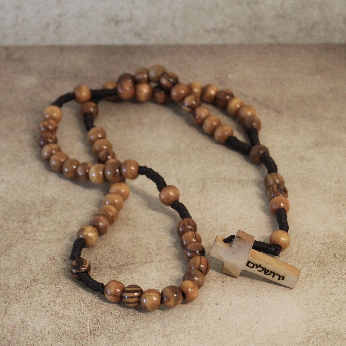 Engraved With Jerusalem in Hebrew (ירושלים) This Rosary Necklace Is Made With Authentic Olive Wood in the Holy Land. A Unique Christian Gift