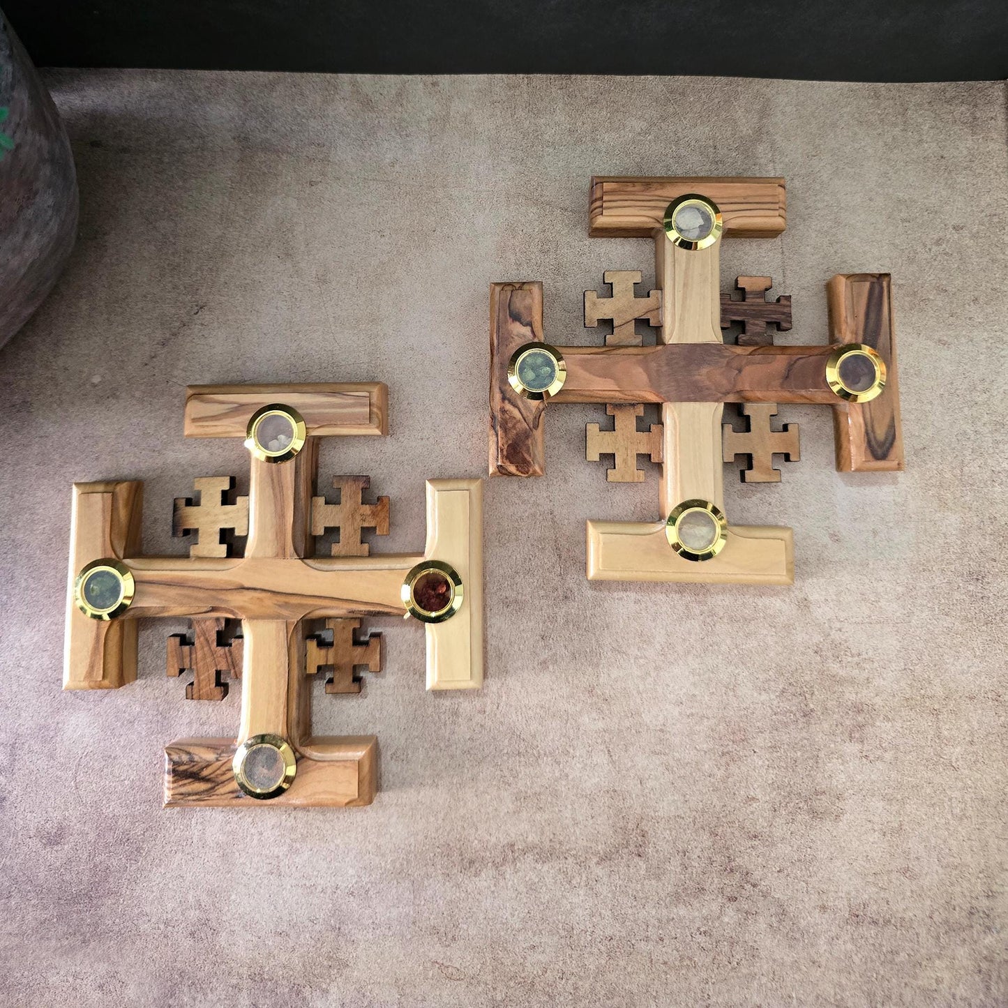 A Pair of 4.3" Jerusalem Crosses Made of Olive Wood in Jerusalem The Holy Land, Perfect Wooden Wall Cross for a New Home or fReligious Gift.