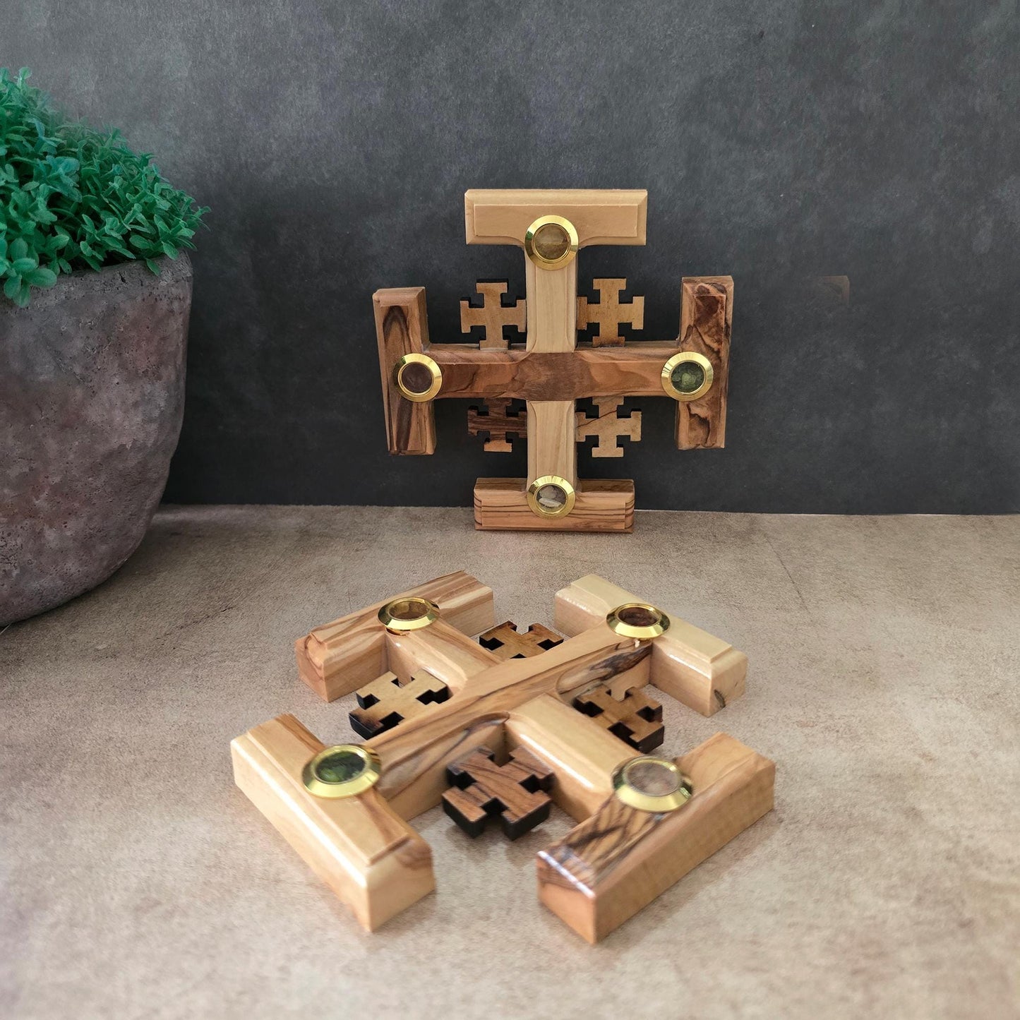 A Pair of 4.3" Jerusalem Crosses Made of Olive Wood in Jerusalem The Holy Land, Perfect Wooden Wall Cross for a New Home or fReligious Gift.