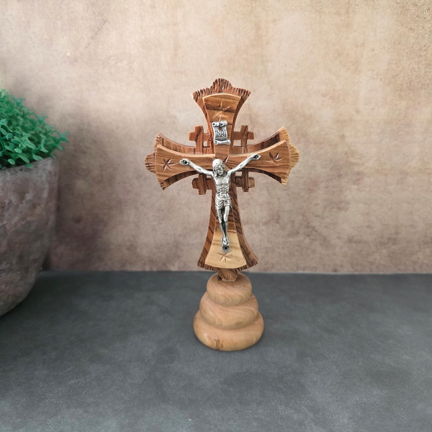 5.9" Standing Olive Wood Tabletop Crucifix of the Holy Land Handmade Table Cross, Catholic Wooden Crucifix, Religious Home Decor