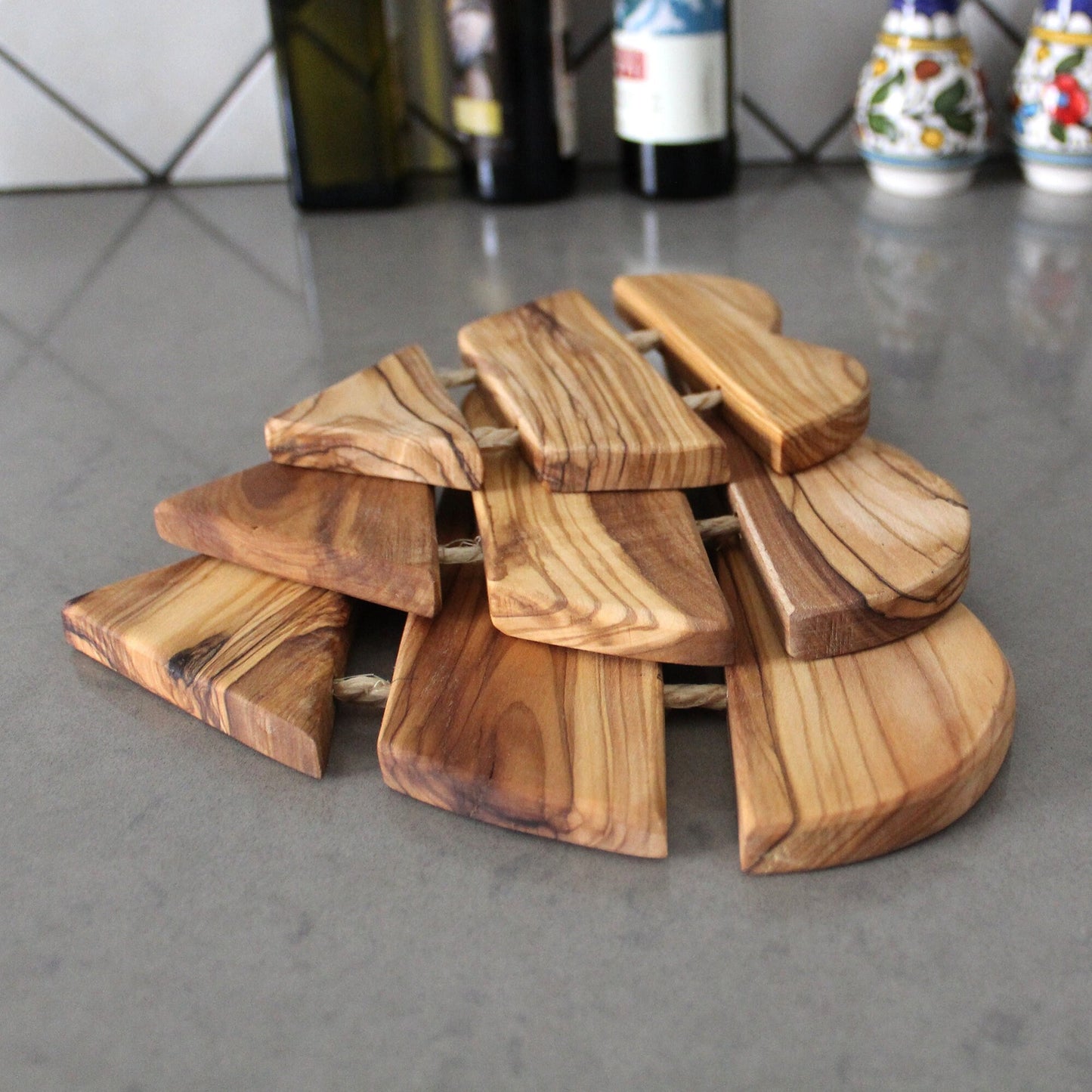 Wooden Coasters for Glasses, Cups or Candles. With Natural Waterproof coating Olive Wood from Sustainable Sources. Set of 3