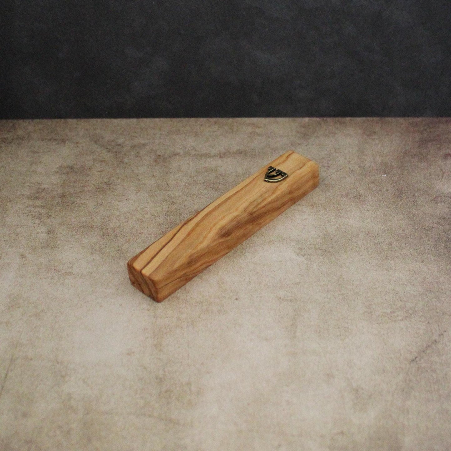 12cm / 4.7" Olive Wood Mezuzah Case from Jerusalem With the Letter "SHIN" in Bronze & Scroll, Gift for Jewish Housewarming