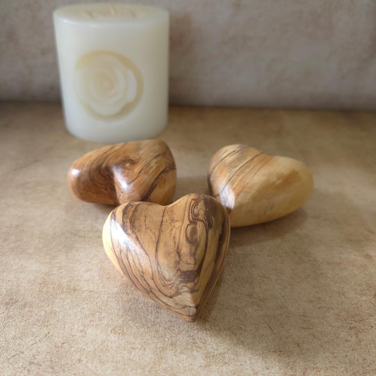 Set of 3 Olive Wood Hearts, Wooden Carved Hearts, 3D Heart Shape Hand Carved in the Holy Land, Unique Gift for Your Loved Ones, Home Decor