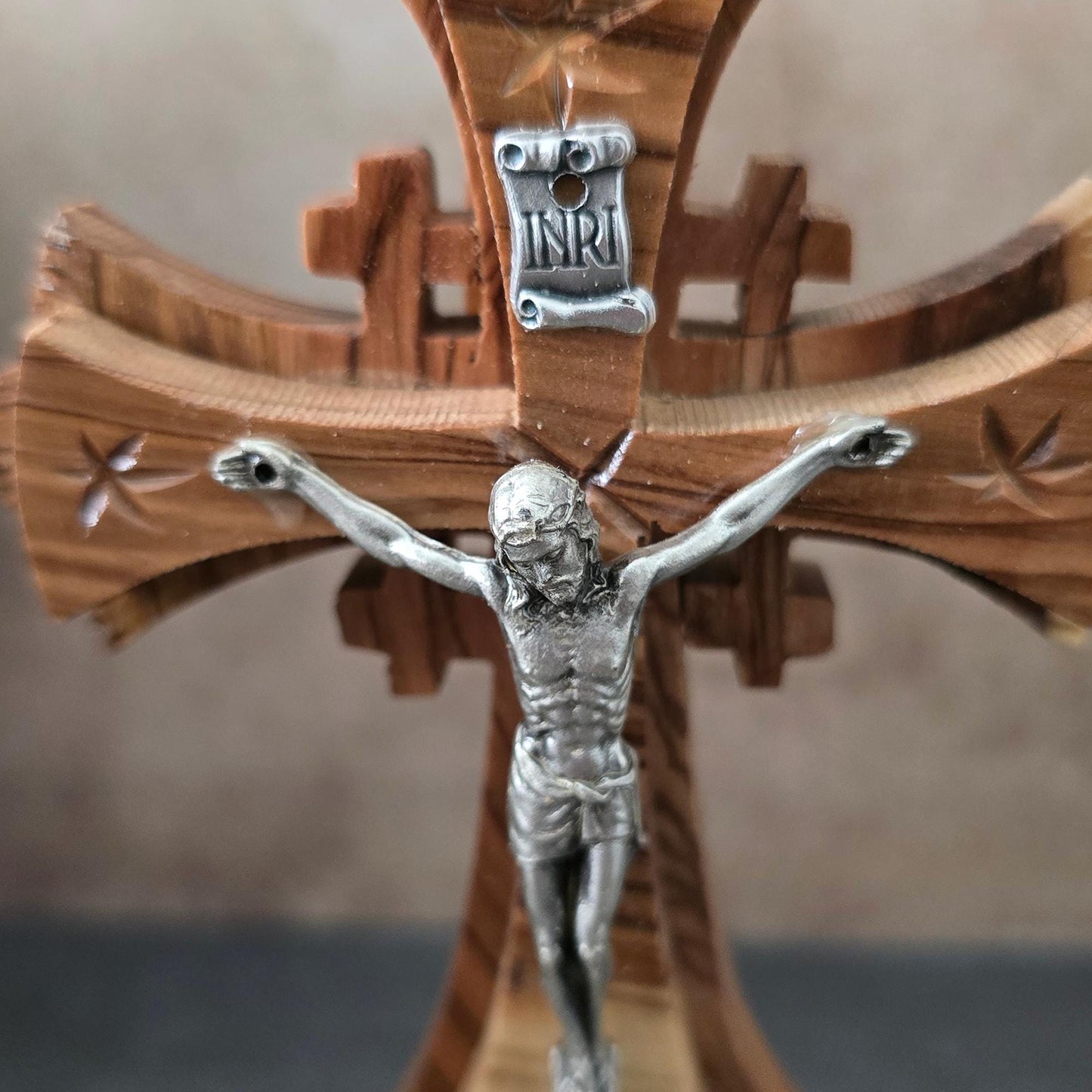 5.9" Standing Olive Wood Tabletop Crucifix of the Holy Land Handmade Table Cross, Catholic Wooden Crucifix, Religious Home Decor