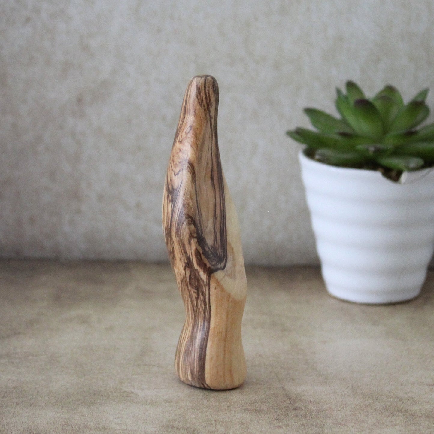 A Minimalist-Looking, Comforting Virgin Mary Statue, a Meditation Statue of Our Lady Made of Olive Wood, Hand Held St. Mary Sculpture