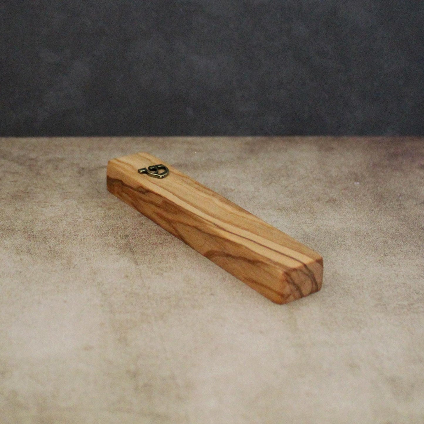 12cm / 4.7" Olive Wood Mezuzah Case from Jerusalem With the Letter "SHIN" in Bronze, Gift for Jewish Housewarming, Scroll Up to 10cm / 3.93"