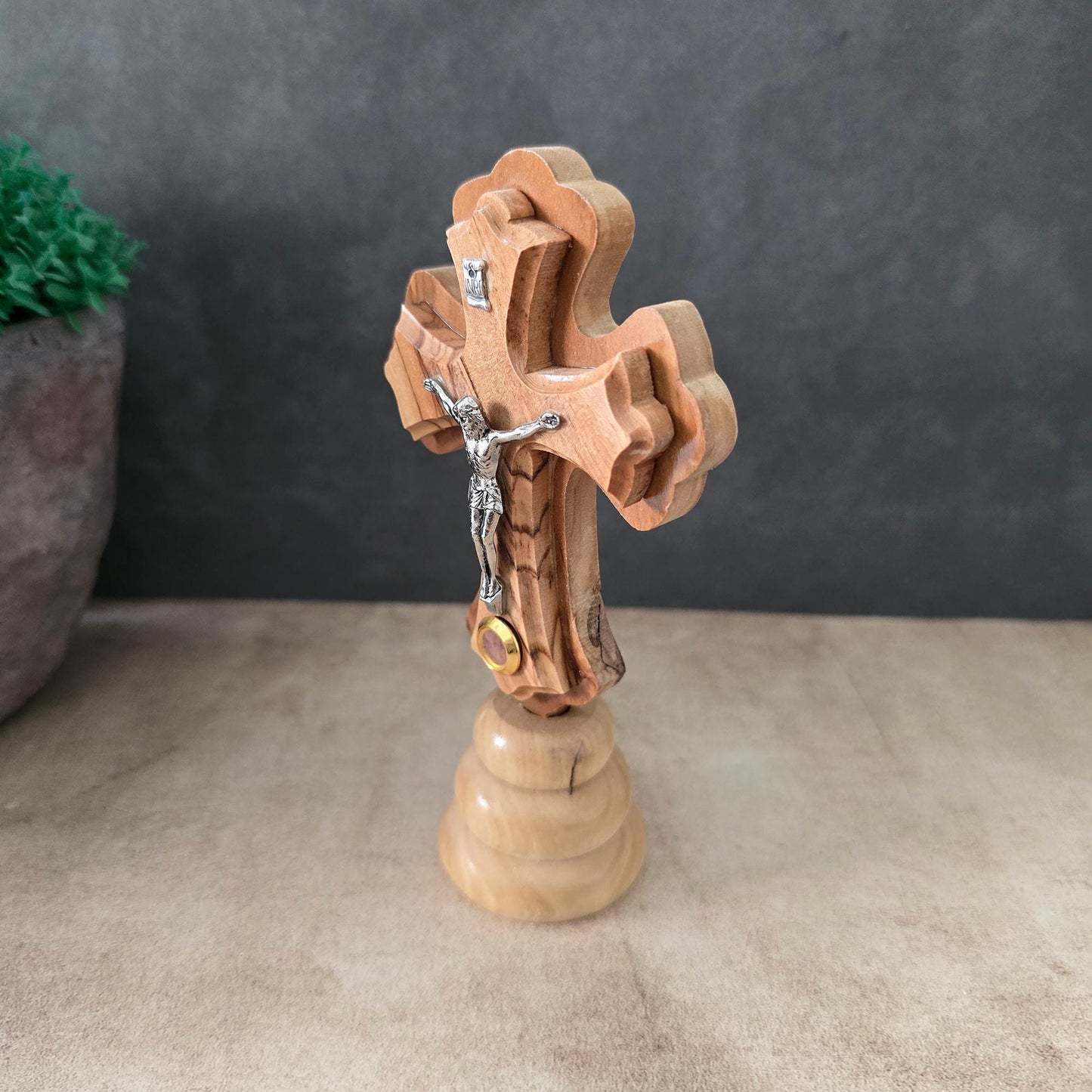 5.5" Standing Olive Wood Tabletop Crucifix of the Holy Land Handmade Table Cross, Catholic Wooden Crucifix, Religious Home Decor