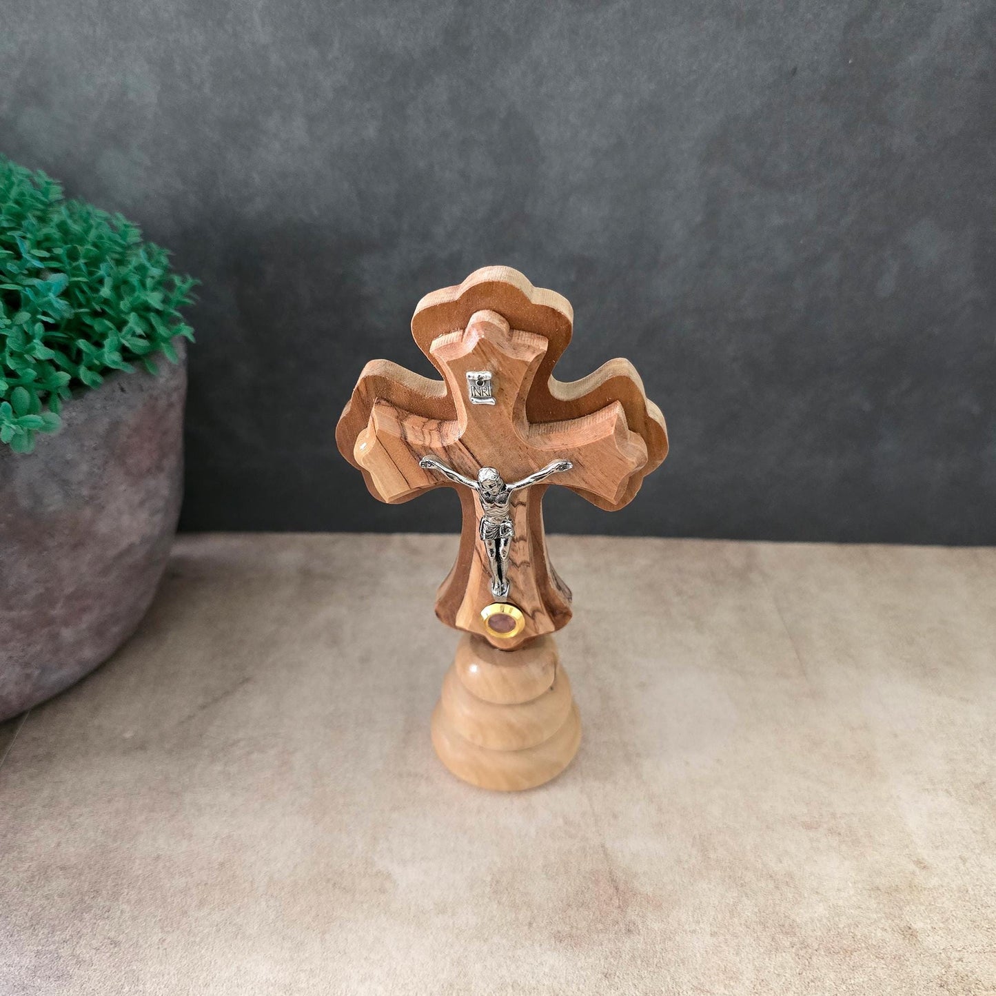 5.5" Standing Olive Wood Tabletop Crucifix of the Holy Land Handmade Table Cross, Catholic Wooden Crucifix, Religious Home Decor