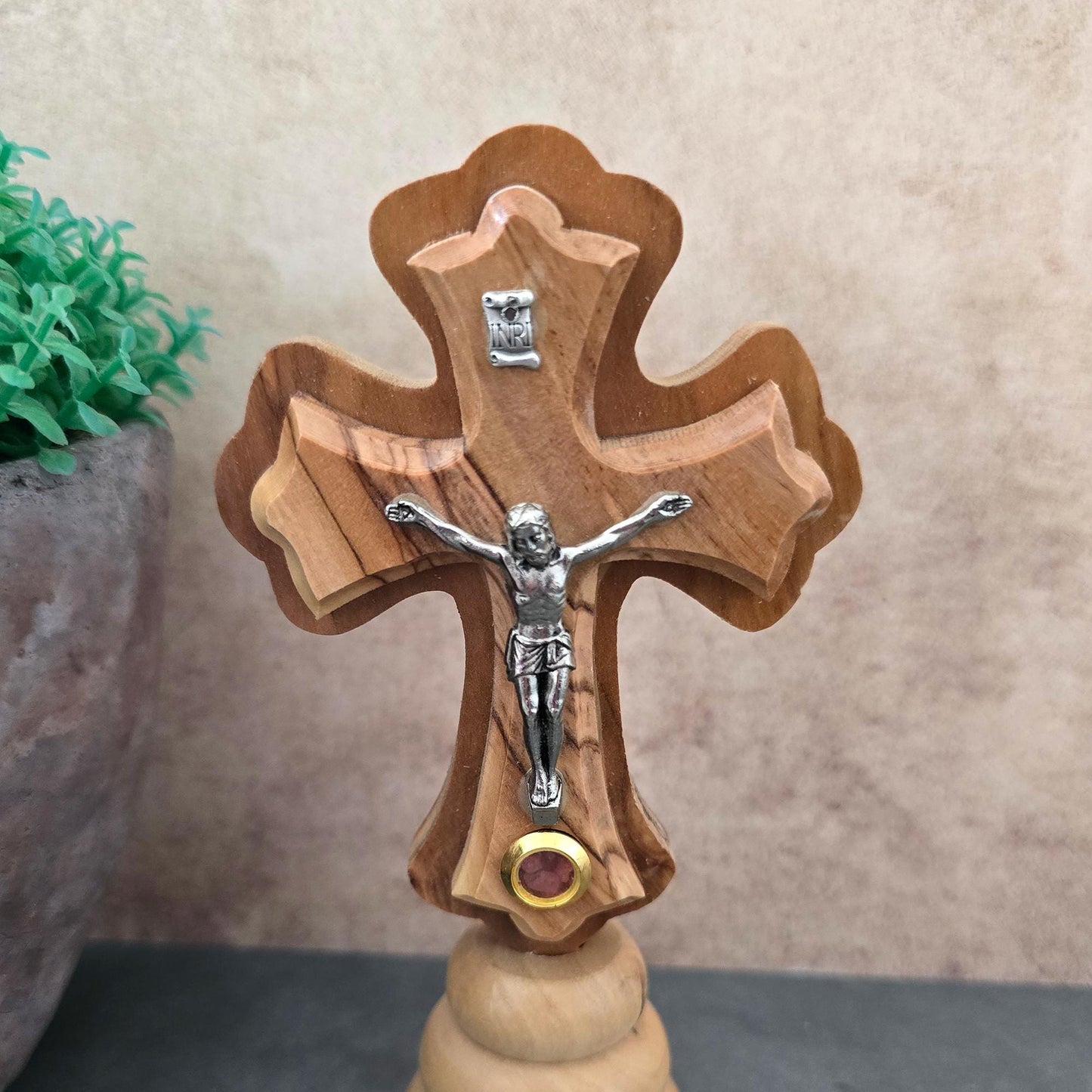 5.5" Standing Olive Wood Tabletop Crucifix of the Holy Land Handmade Table Cross, Catholic Wooden Crucifix, Religious Home Decor