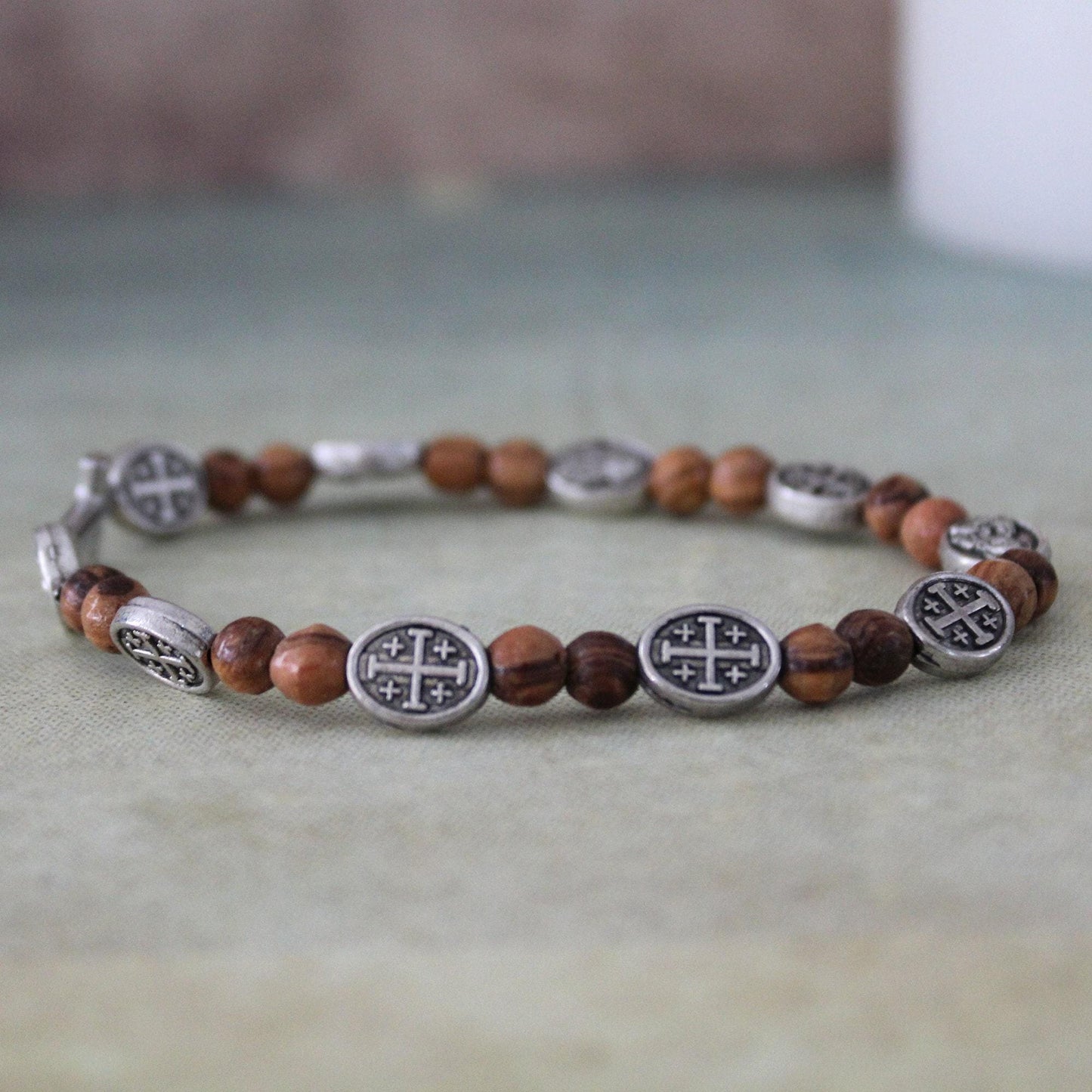 Get Two Handmade Olive Wood Beads Bracelet, Icons of Jerusalem Cross and St. Mary With Baby Jesus, Made in the Holy Land Jerusalem