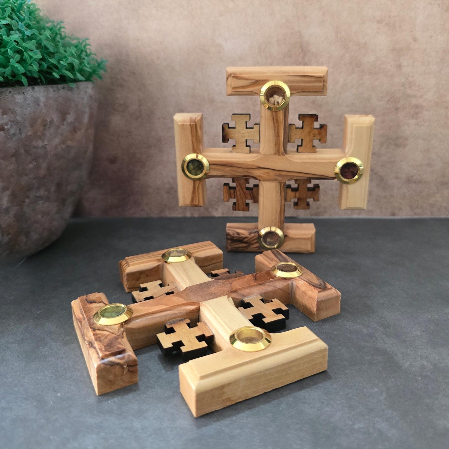 A Pair of 4.3" Jerusalem Crosses Made of Olive Wood in Jerusalem The Holy Land, Perfect Wooden Wall Cross for a New Home or fReligious Gift.