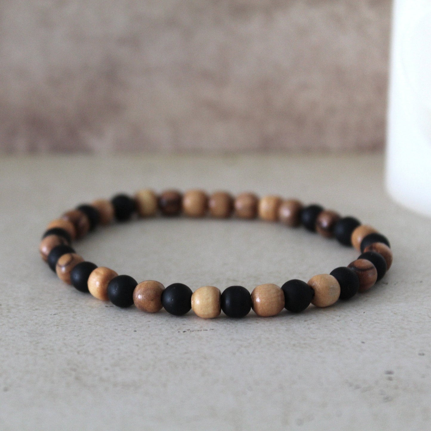 Black Stone and Olive Wood Beads Stretched Bracelet for Men - Handcrafted Judaica Jewelry