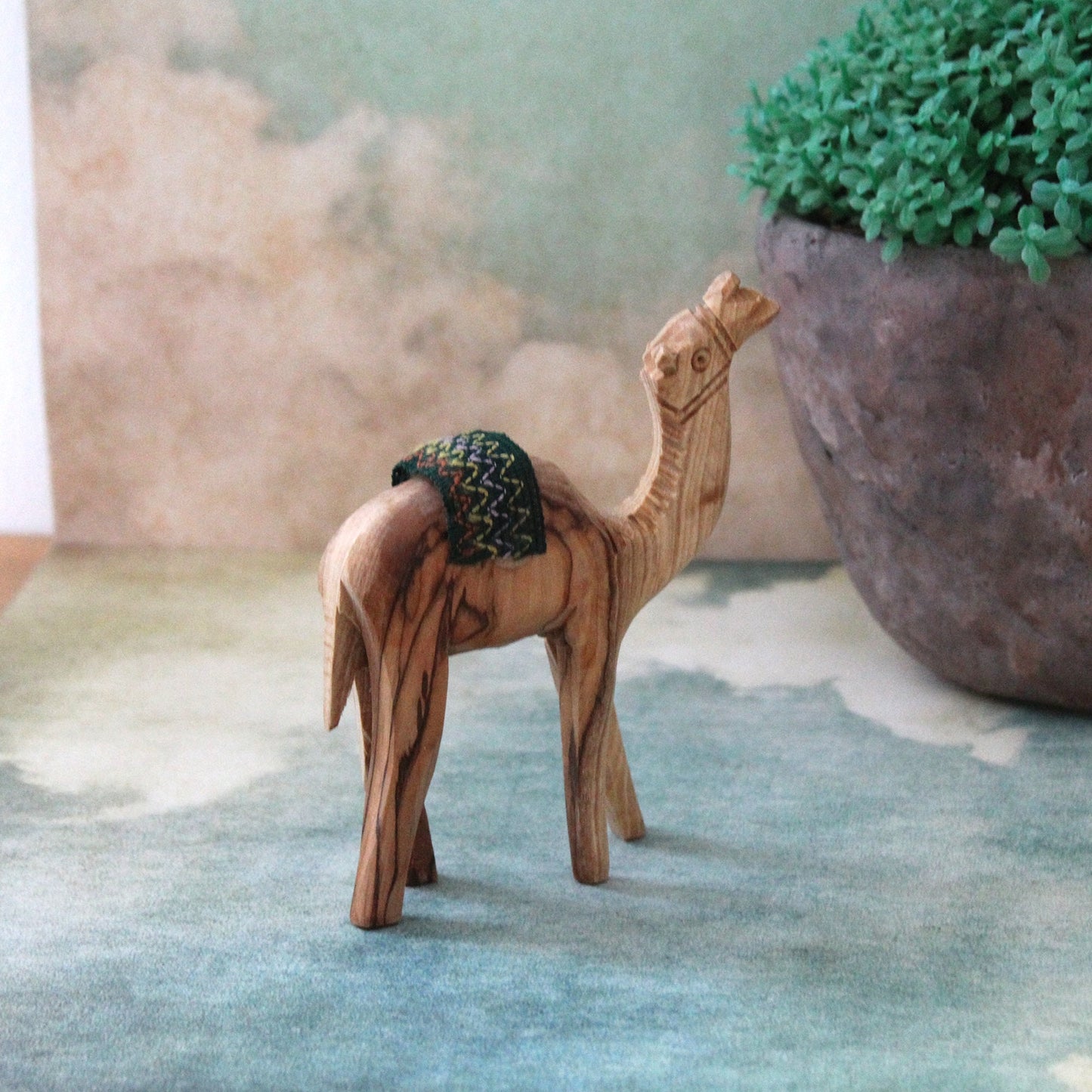 Olive Wood Camel Figurine With Green Saddle, Hand Crafted in the Holy Land Land Jerusalem, Wooden Decoration, Home Decor
