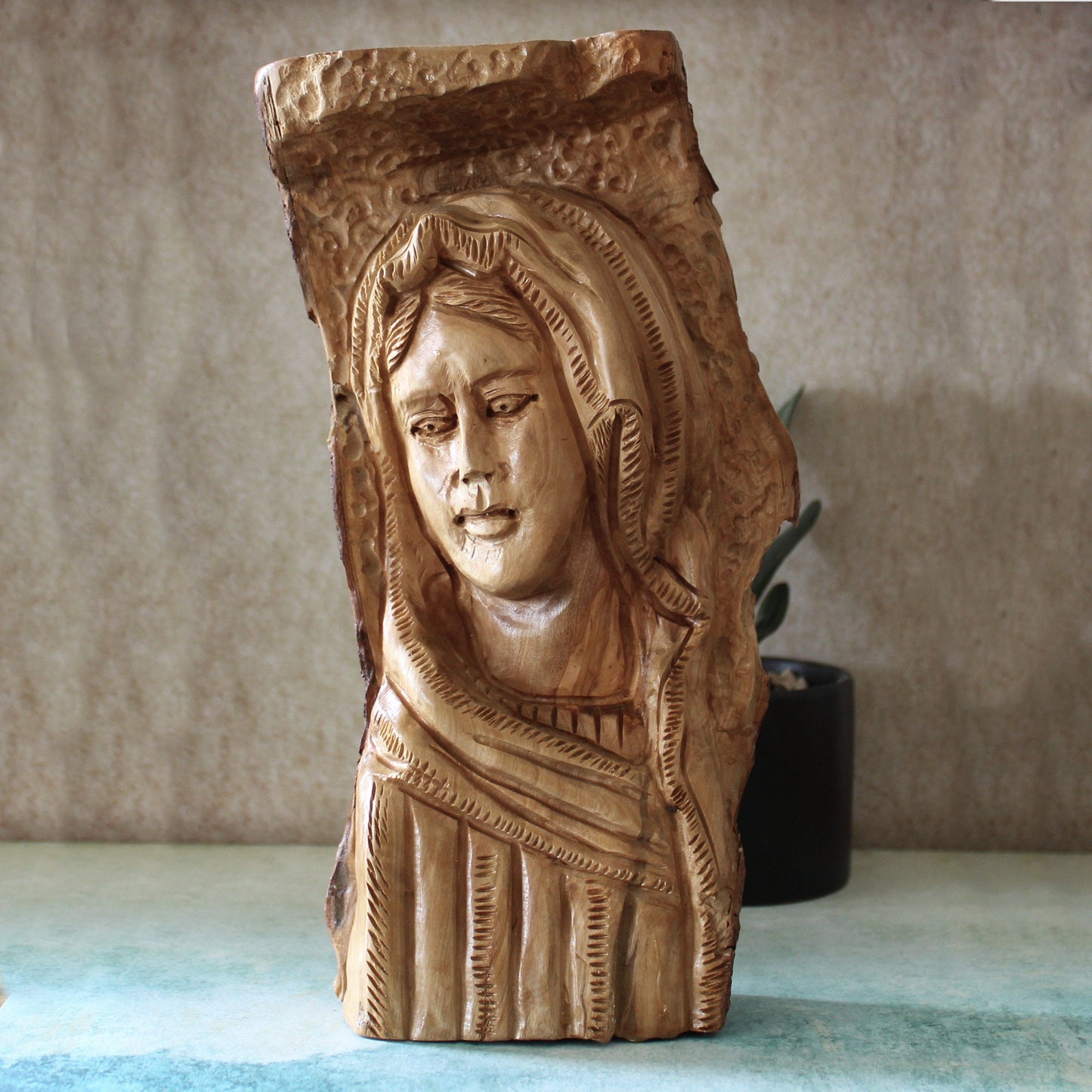 Olive Wood Sculpture of Virgin Mary, Made in the Holy Land by a Local Artist. Art Work of Olive Wood Statue of the Blessed Mother Mary