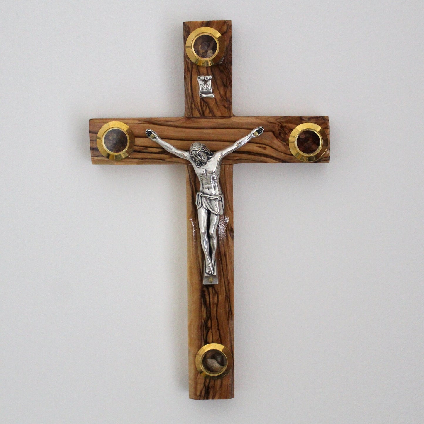 7.5 Inch Olive Wood Wall Cross. 4 Element: Flowers, Incense, Stone and Olive Leaves Made in Jerusalem, Religious Décor Wall Hanging Cross