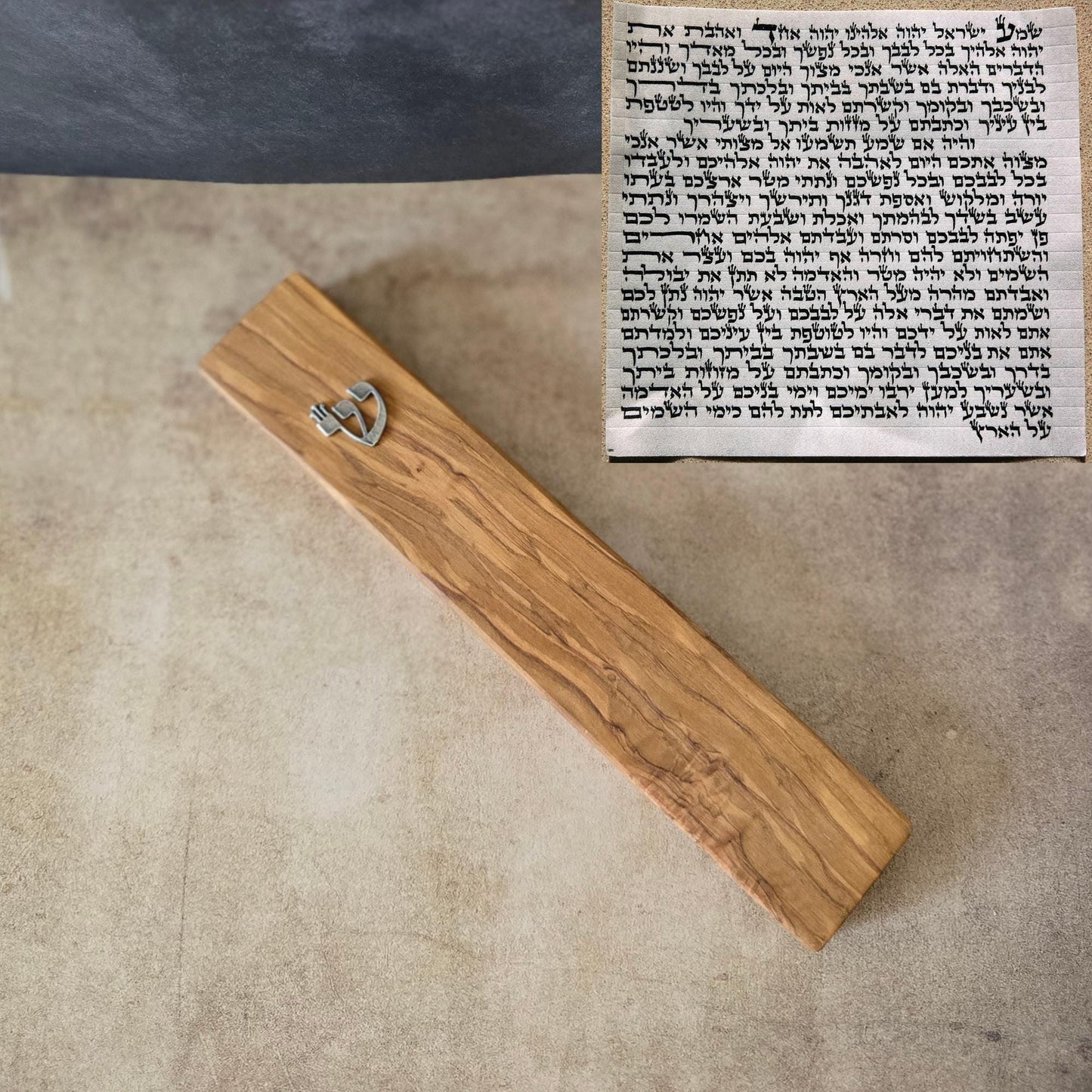 8.6" / 22cm Olive Wood Mezuzah with Silver Shin & a Scroll, Handcrafted Jewish Door Blessing, Perfect Housewarming Gift, Traditional Judaica