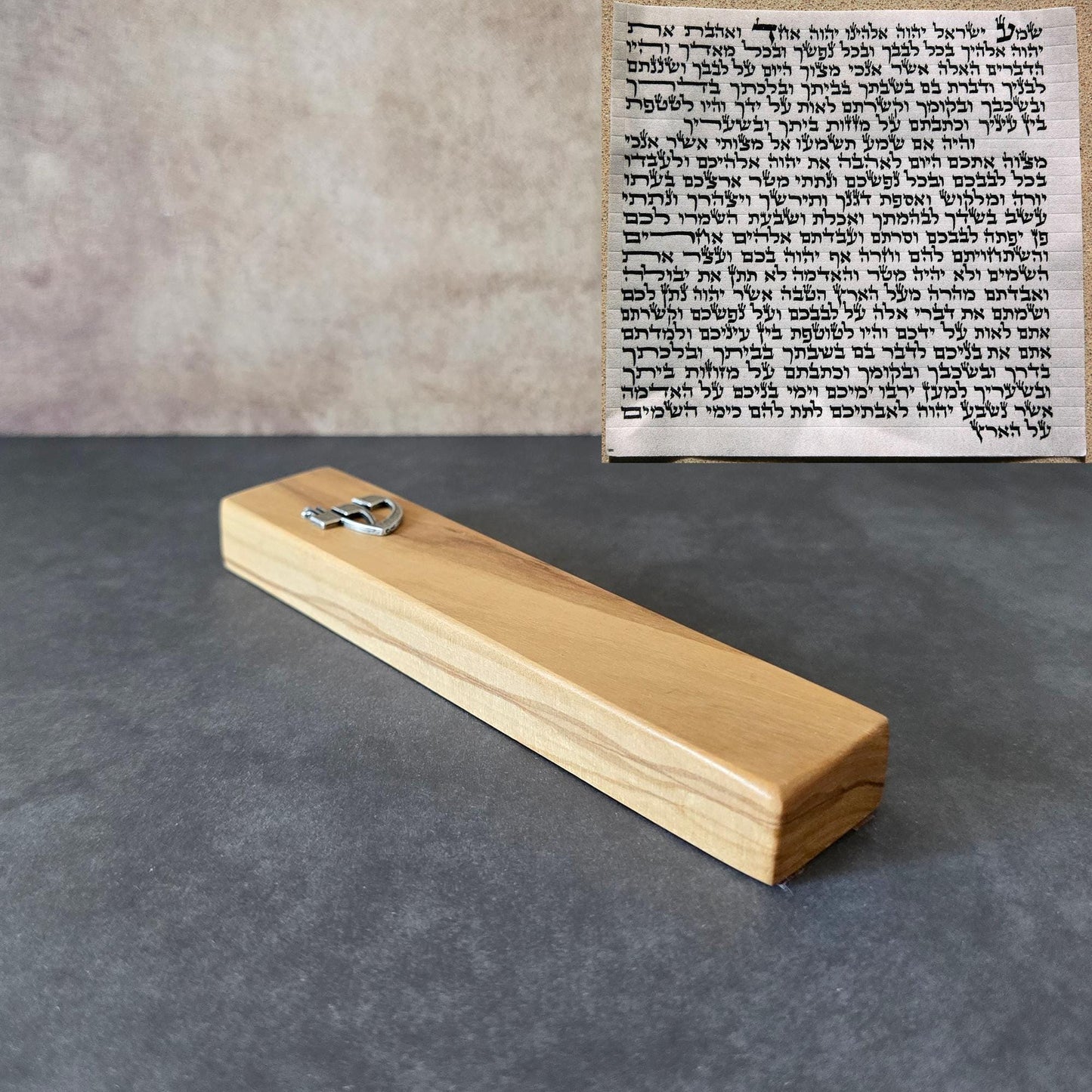 6.7" / 17cm Olive Wood Mezuzah Case with Silver Shin & Scroll - Elegant Jewish Doorpost Blessing - New Home Gift