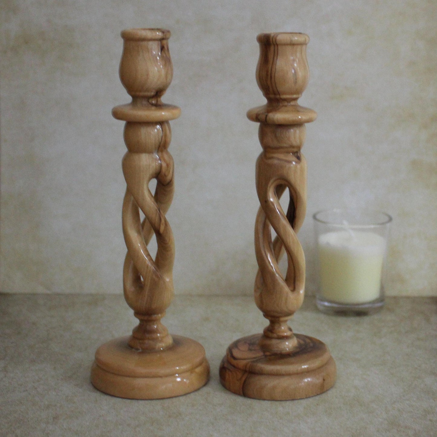 A Pair of 7.4" Exquisite Olive Wood Spiral Candle Stands, Handcrafted in Israel - Rustic Wooden Candle Holder, Elegant Candlestick Holder