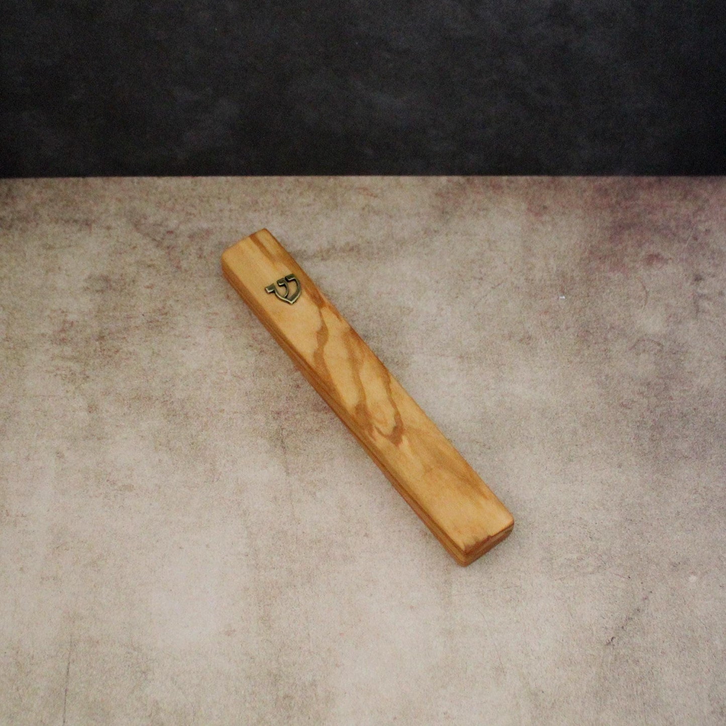 14cm / 5.5" Olive Wood Mezuzah Case from Jerusalem With the Letter "SHIN" in Bronze, Gift for Jewish Housewarming, Scroll Up to 12cm / 4.72"
