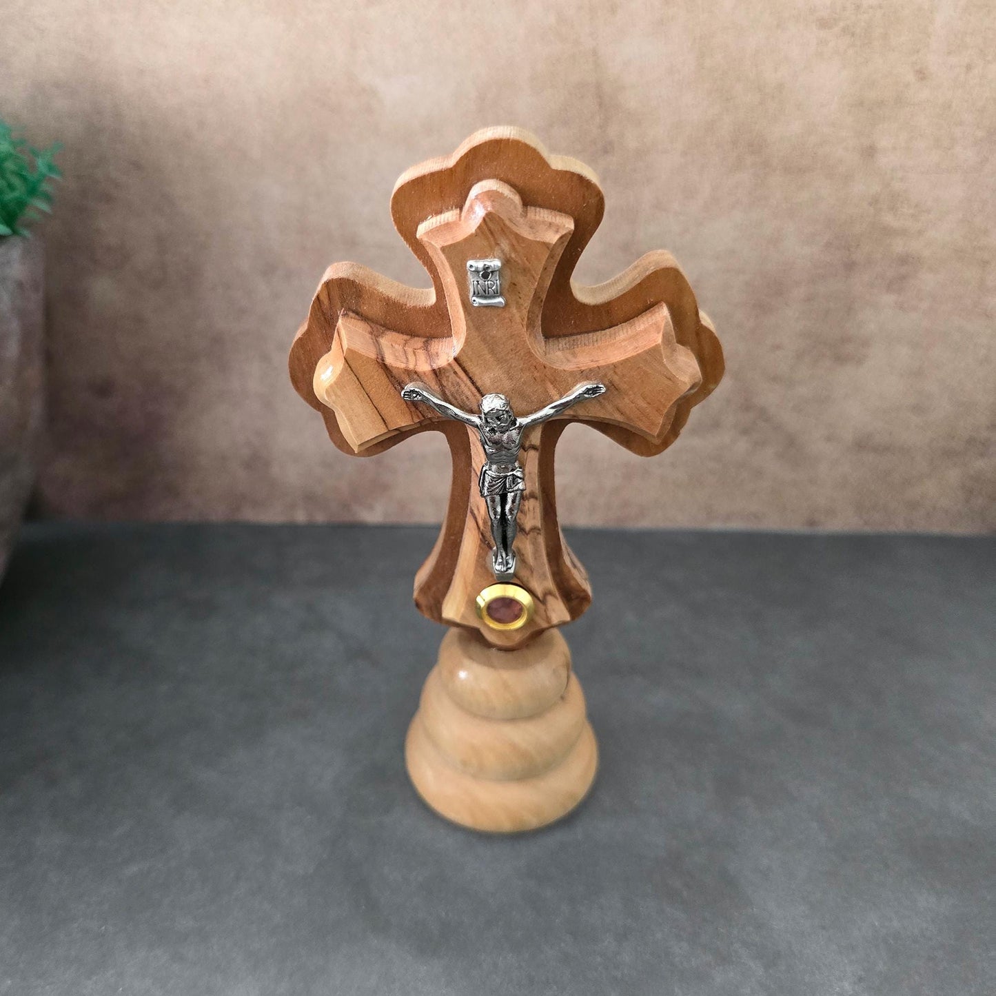 5.5" Standing Olive Wood Tabletop Crucifix of the Holy Land Handmade Table Cross, Catholic Wooden Crucifix, Religious Home Decor