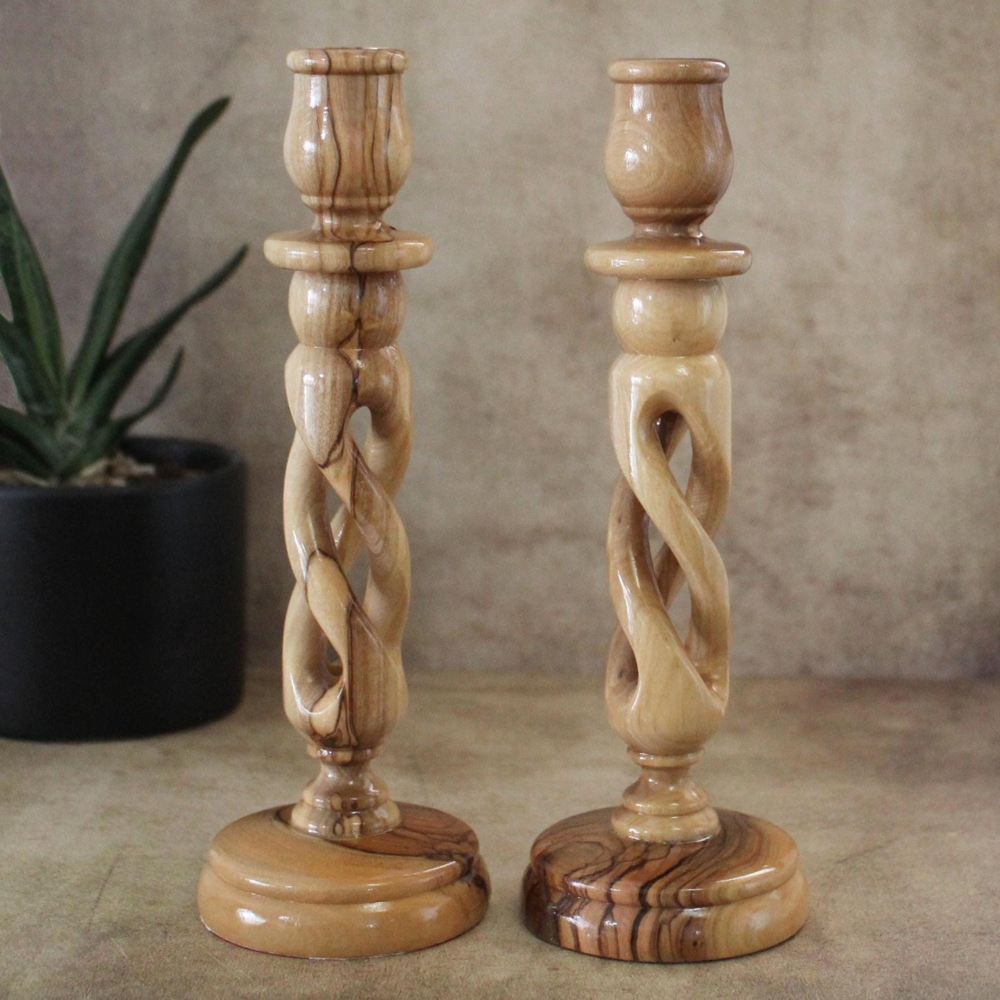 A Pair of 7.4" Exquisite Olive Wood Spiral Candle Stands, Handcrafted in Israel - Rustic Wooden Candle Holder, Elegant Candlestick Holder