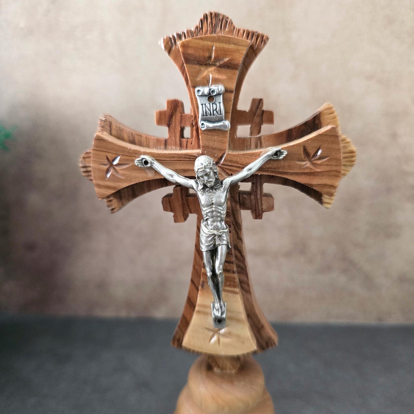 5.9" Standing Olive Wood Tabletop Crucifix of the Holy Land Handmade Table Cross, Catholic Wooden Crucifix, Religious Home Decor