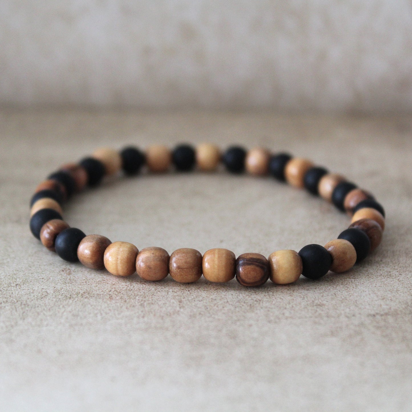 Black Stone and Olive Wood Beads Stretched Bracelet for Men - Handcrafted Judaica Jewelry