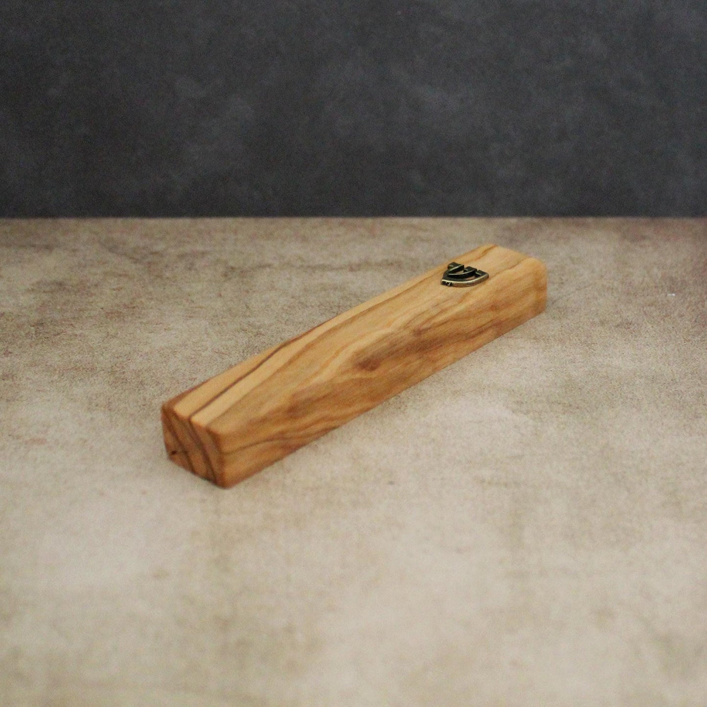 12cm / 4.7" Olive Wood Mezuzah Case from Jerusalem With the Letter "SHIN" in Bronze & Scroll, Gift for Jewish Housewarming
