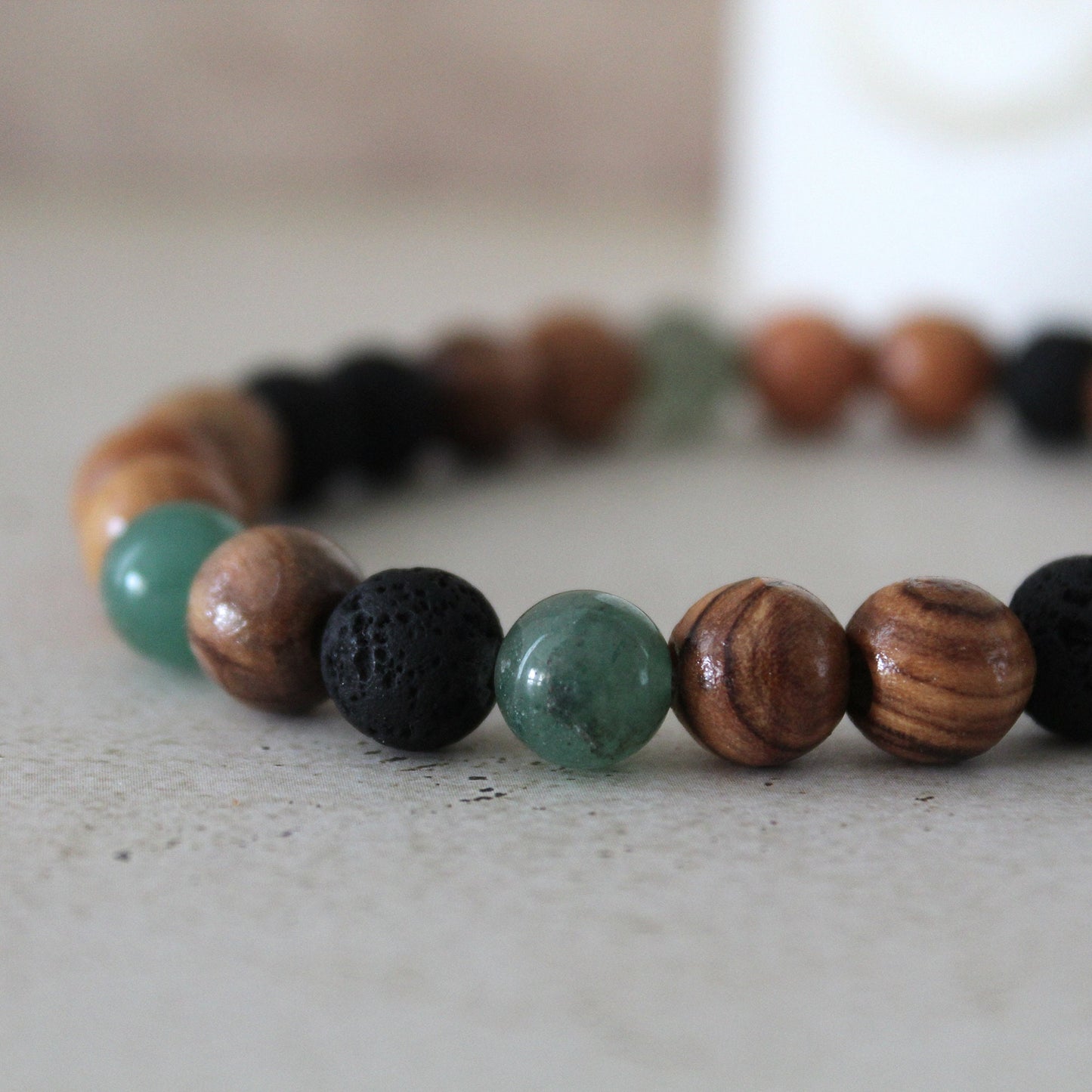 Greenish Jade and Olive Wood Earthy Stretch Bracelet with Black Lava Beads - Handcrafted Judaica Jewelry from Israel