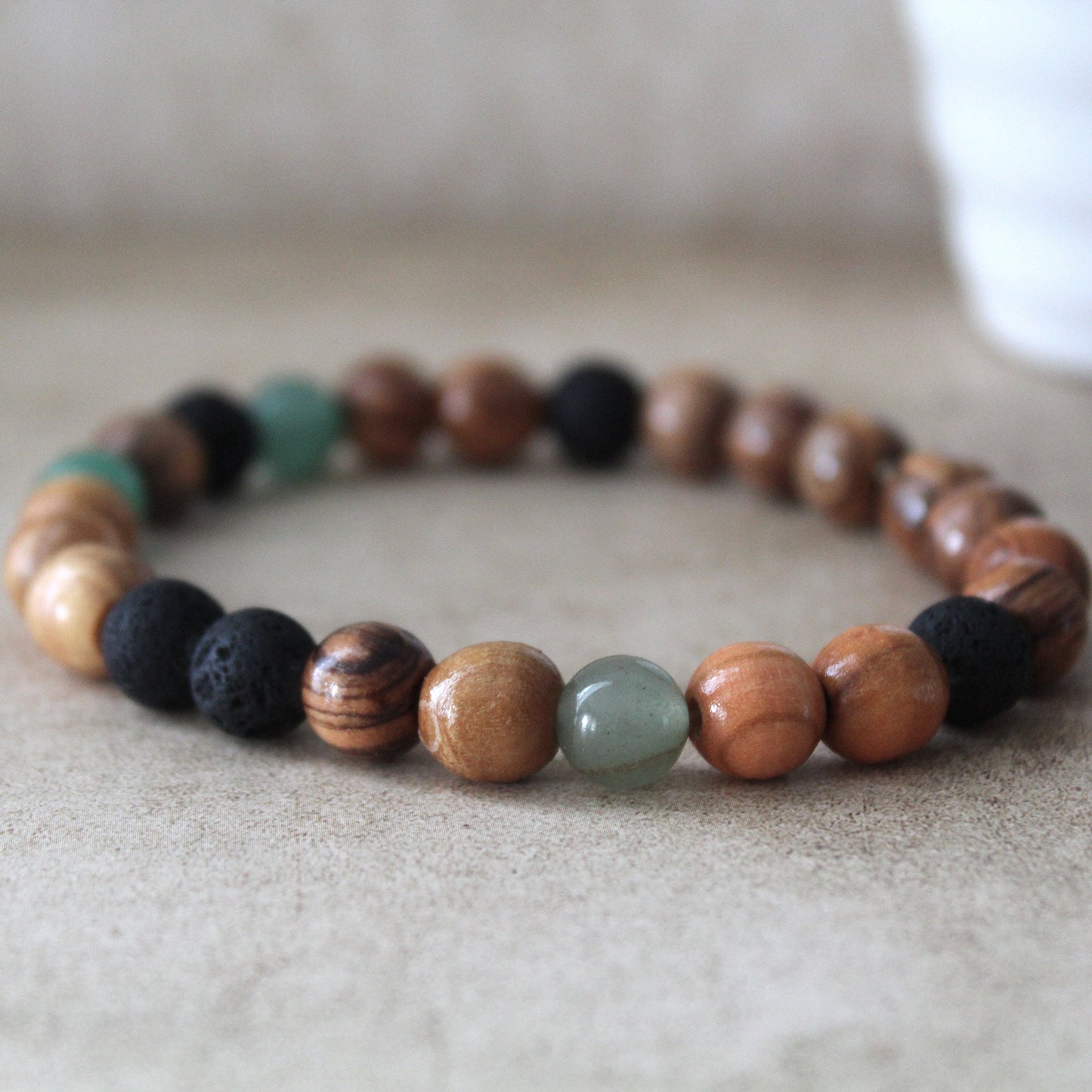 Greenish Jade and Olive Wood Earthy Stretch Bracelet with Black Lava Beads - Handcrafted Judaica Jewelry from Israel