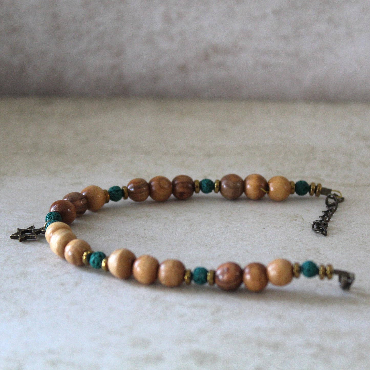 Olive Beads Healing Bracelet with Star of David - Turquoise Lava Beaded Bracelet - Green Lava Stone Protective Bracelet