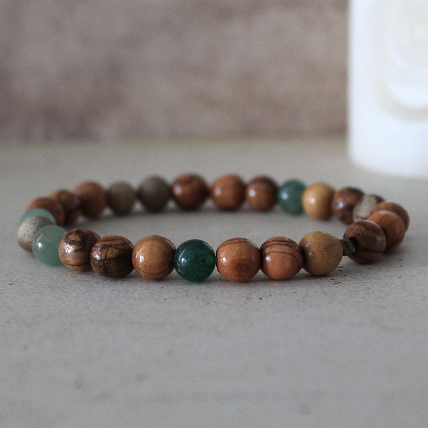 Olive Wood and Jasper Earthy Stretch Bracelet with Greenish Jade Beads - Handcrafted Judaica Jewelry from Israel