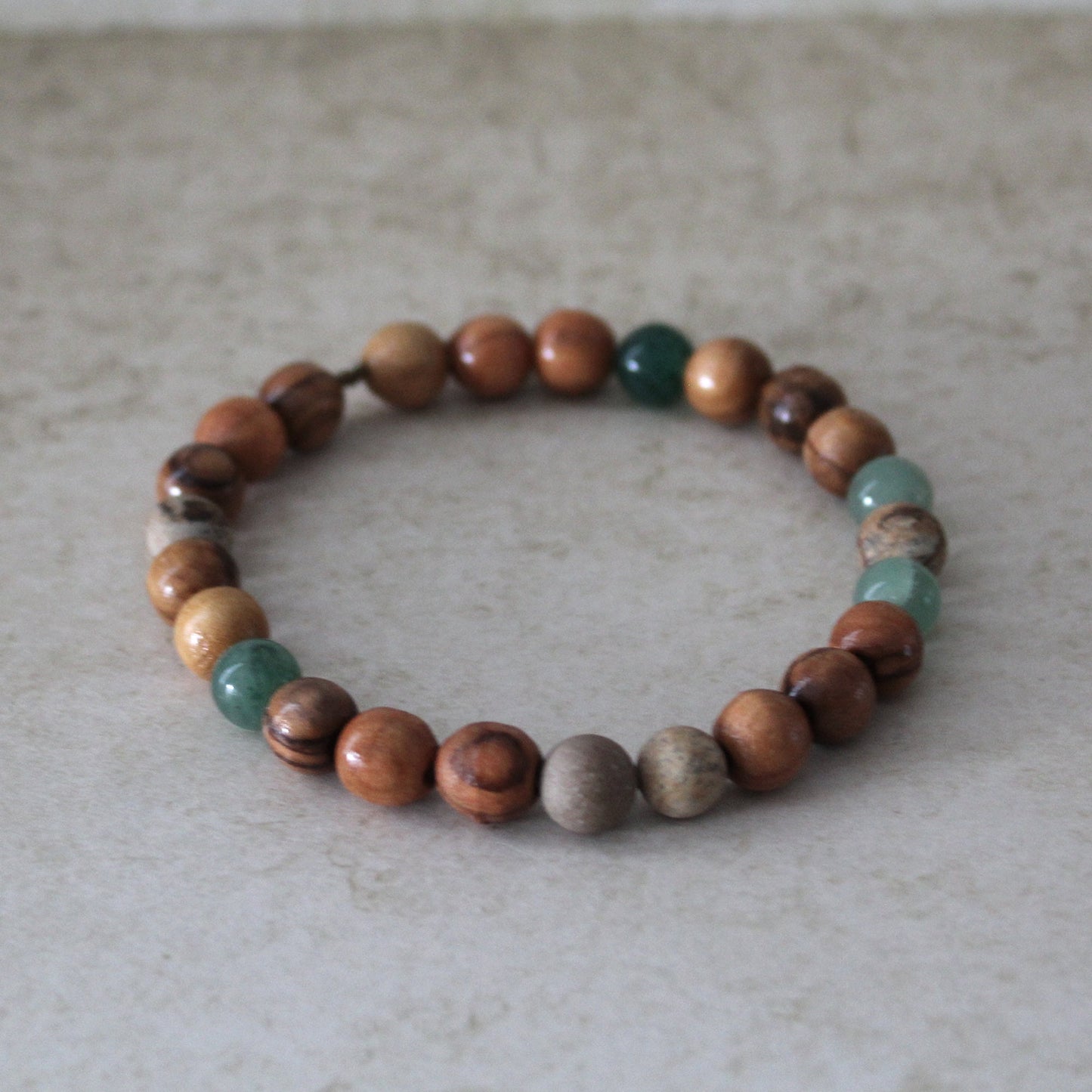 Olive Wood and Jasper Earthy Stretch Bracelet with Greenish Jade Beads - Handcrafted Judaica Jewelry from Israel