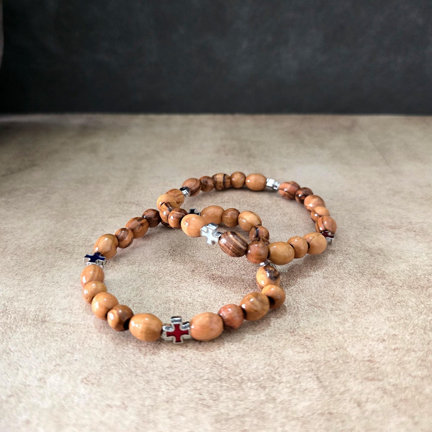 Get Two Olive Wood Handmade Beads Bracelet, Colorful Icons of Crosses, Made in the Holy Land Jerusalem