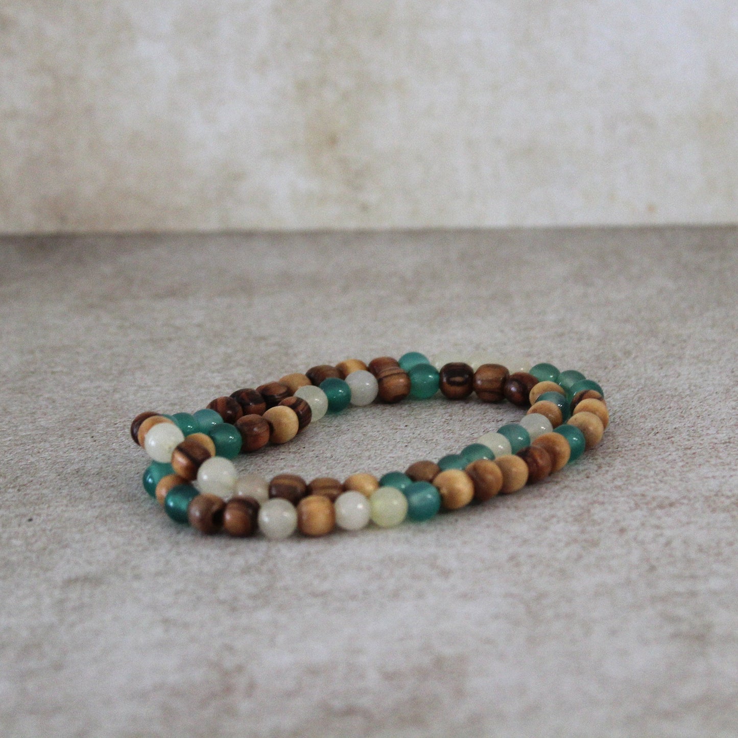 Earthy Double-Strand Stretch Bracelet, Olive Wood & Mix of White and Green Jade Beads