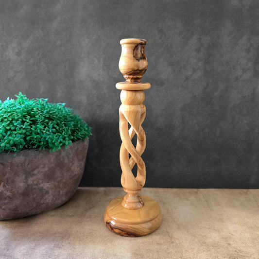 9" Exquisite Olive Wood Spiral Candle Stands, Handcrafted in Israel - Rustic Wooden Candle Holder, Elegant Candlestick Holder