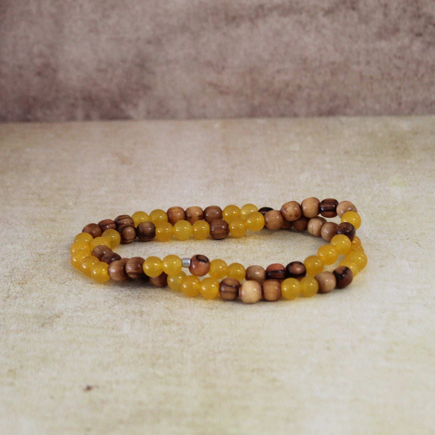 Earthy Double-Strand Stretch Bracelet, Olive Wood and yellow Jade Beads