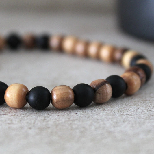 Black Stone and Olive Wood Beads Stretched Bracelet for Men  - Handcrafted Judaica Jewelry
