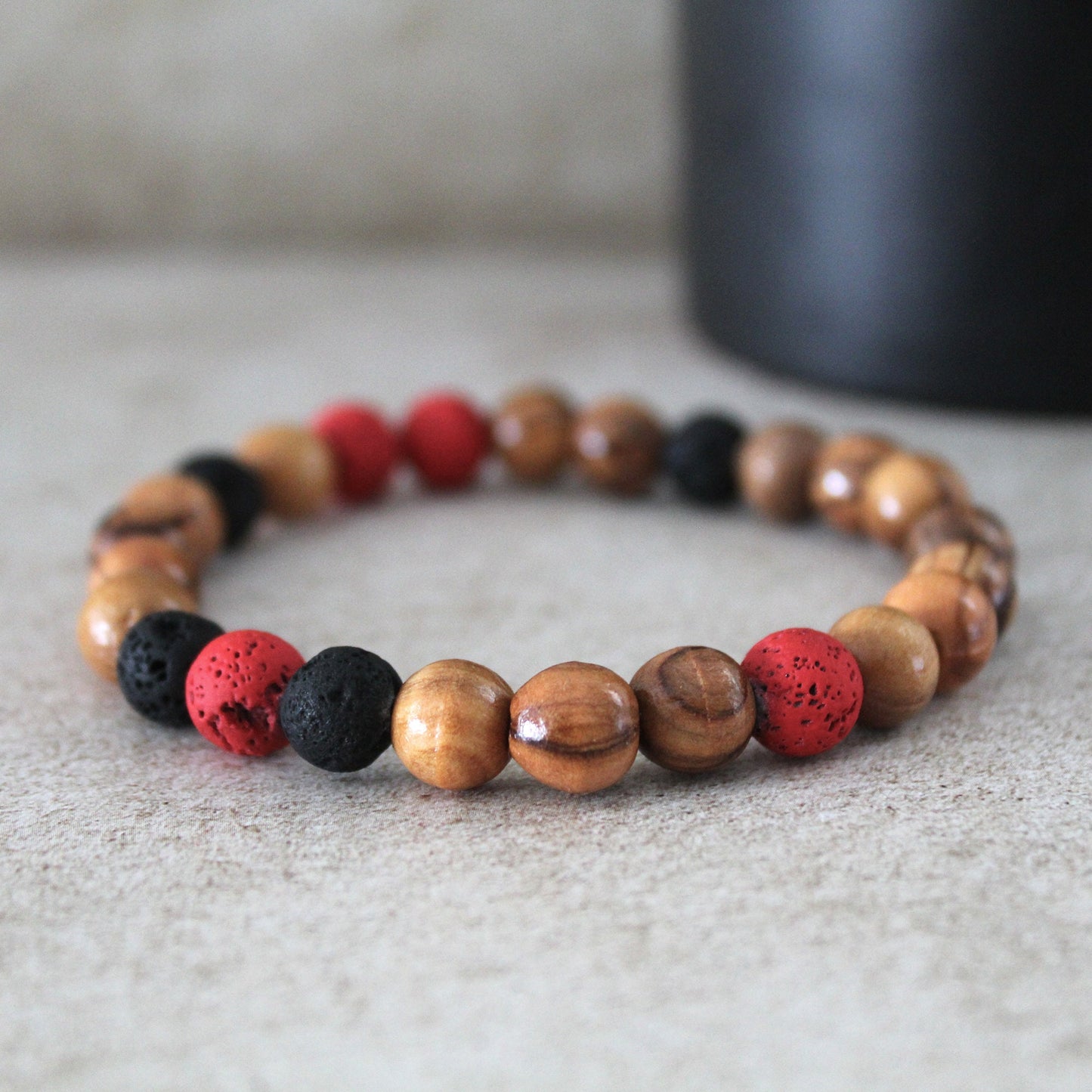 Handcrafted Hebrew Jewelry from Israel, Volcanic Lava Bracelet, Unisex Bracelet With Olive Wood Beads