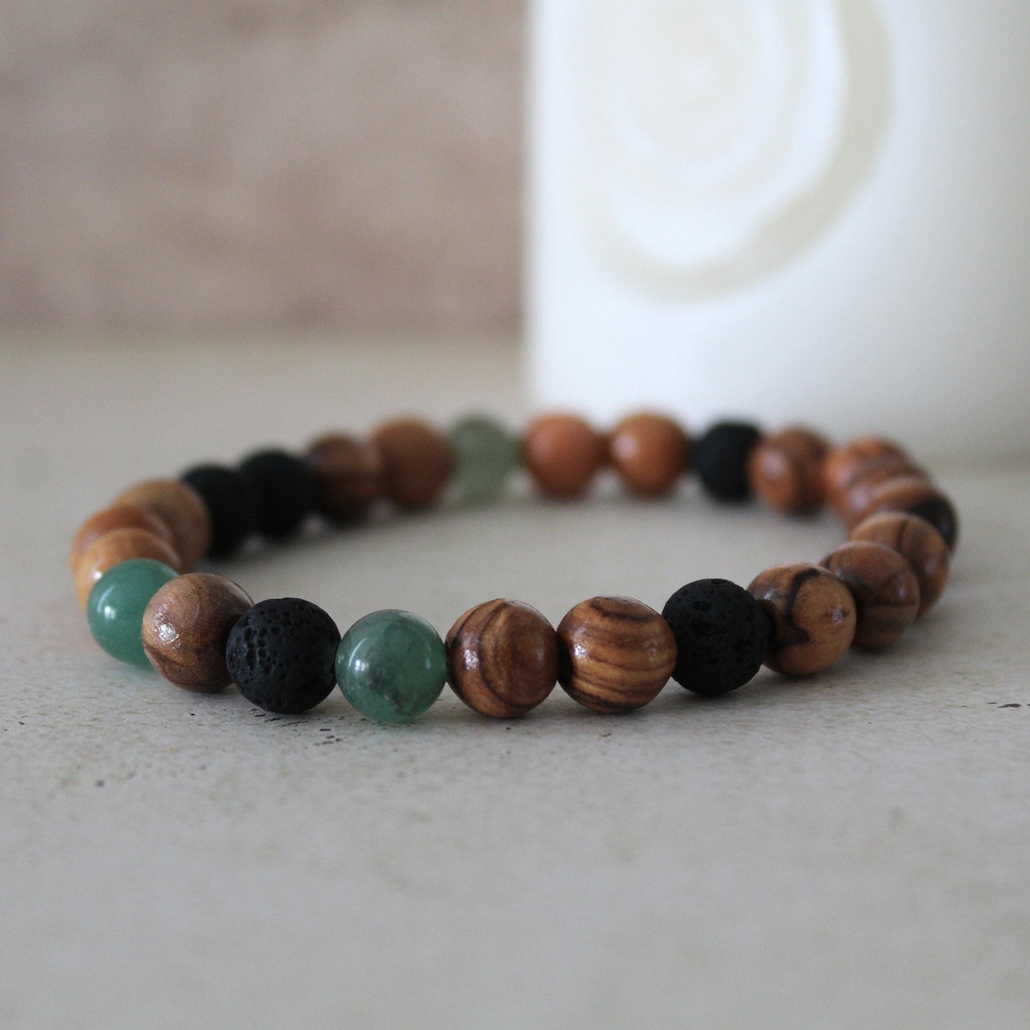 Greenish Jade and Olive Wood Earthy Stretch Bracelet with Black Lava Beads - Handcrafted Judaica Jewelry from Israel