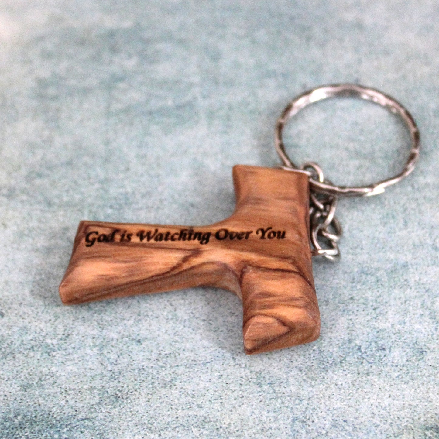 Personalized Handmade Tau Cross Keychain, Olive Wood Christian Keychain, Made in Jerusalem Holy Land, Wooden Cross Unique Keychain Gift